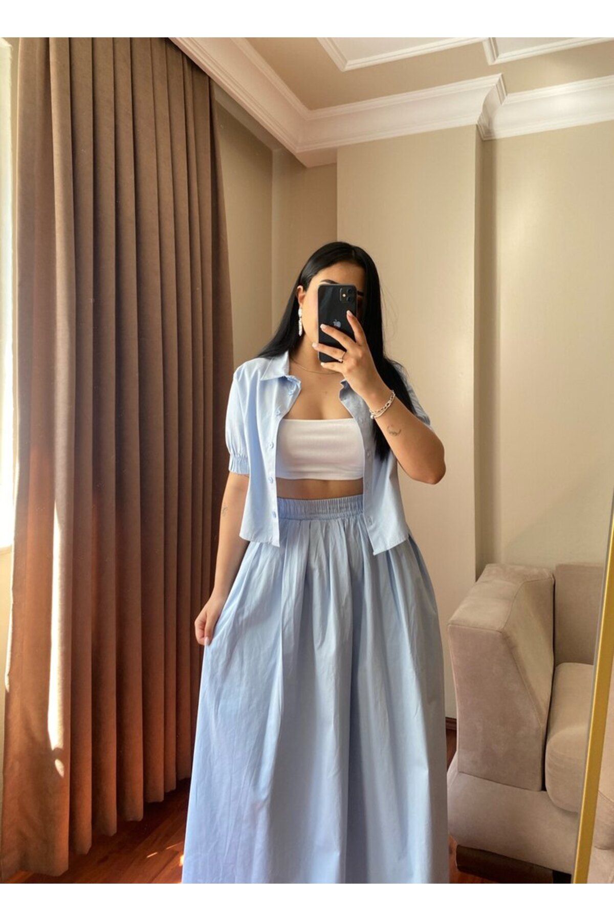 MODA Kadın Gömlek Uzun Etek Mavi İkili Takım
