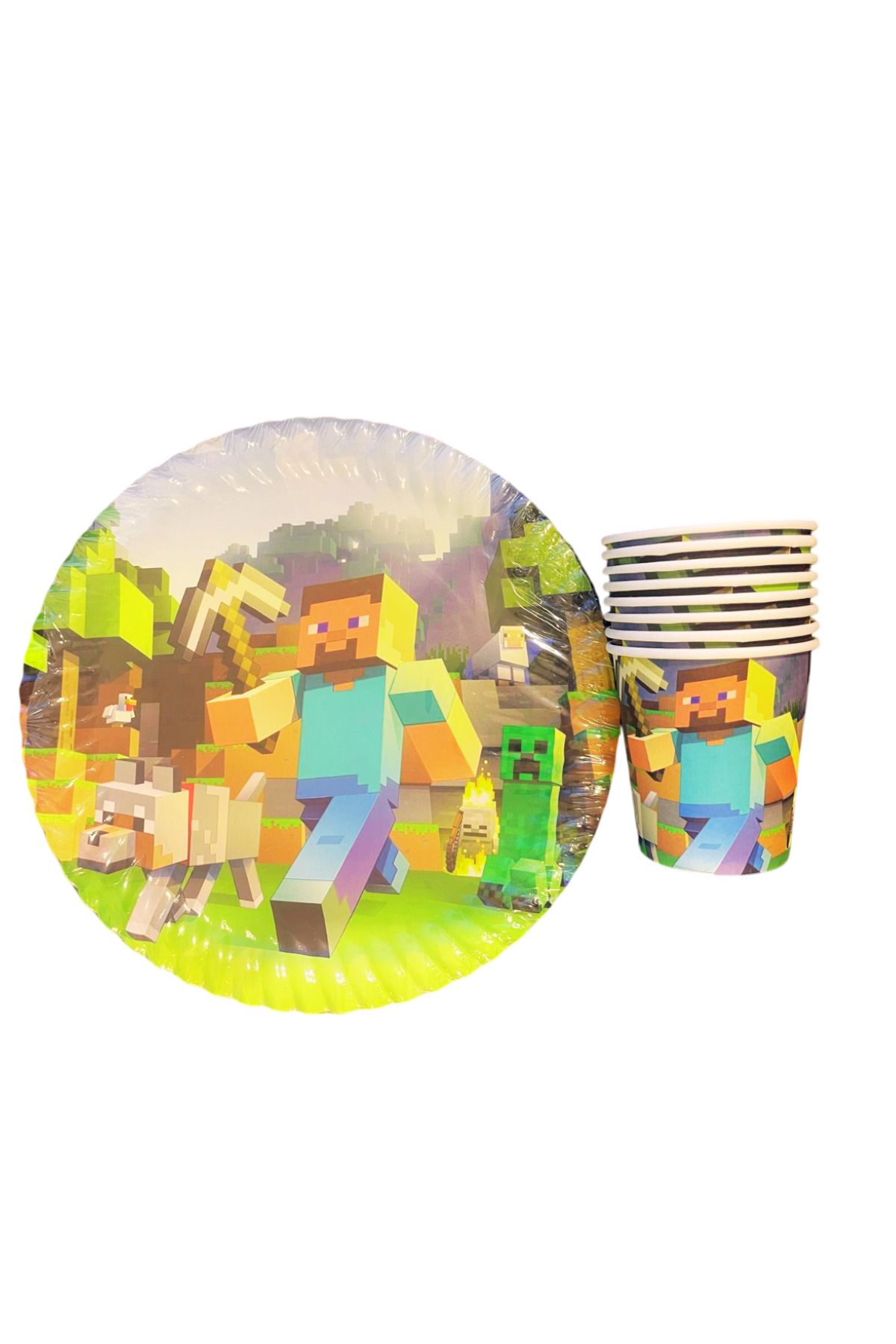 FOKUL Minecraft Temalı 8 Kişilik Tabak Bardak Seti Minecraft Doğum Günü Tabak Bardak Seti
