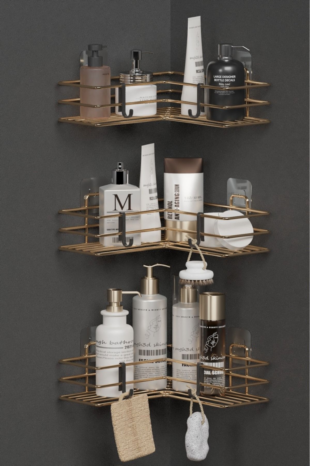 wearme 3 Adet Yapışkanlı Banyo Köşeliği Köşe Rafı Duş Şampuanlık Düzenleyici Organizer Raf Gold Kaplama