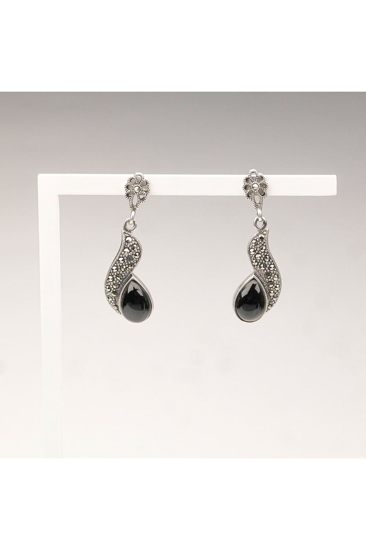 Skygo-Marcasite Stone Silver Drop Oltu Stone Earrings 2