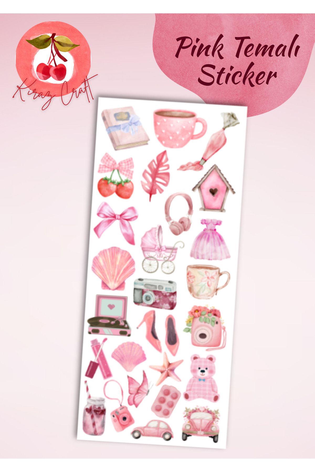 Kiraz Craft Vintage Pink Temalı Sticker Set - Planner Ajanda Bullet Journal Için Uygun Set