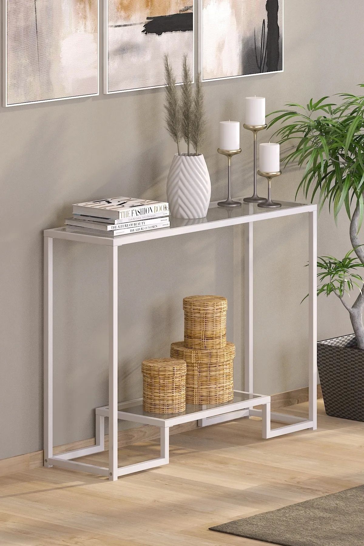 HNC HOME Çok Amaçlı Cam Konsol Modern Siyah Renk Metal İskeletli Temper Camlı Raflı Dresuar Konsol