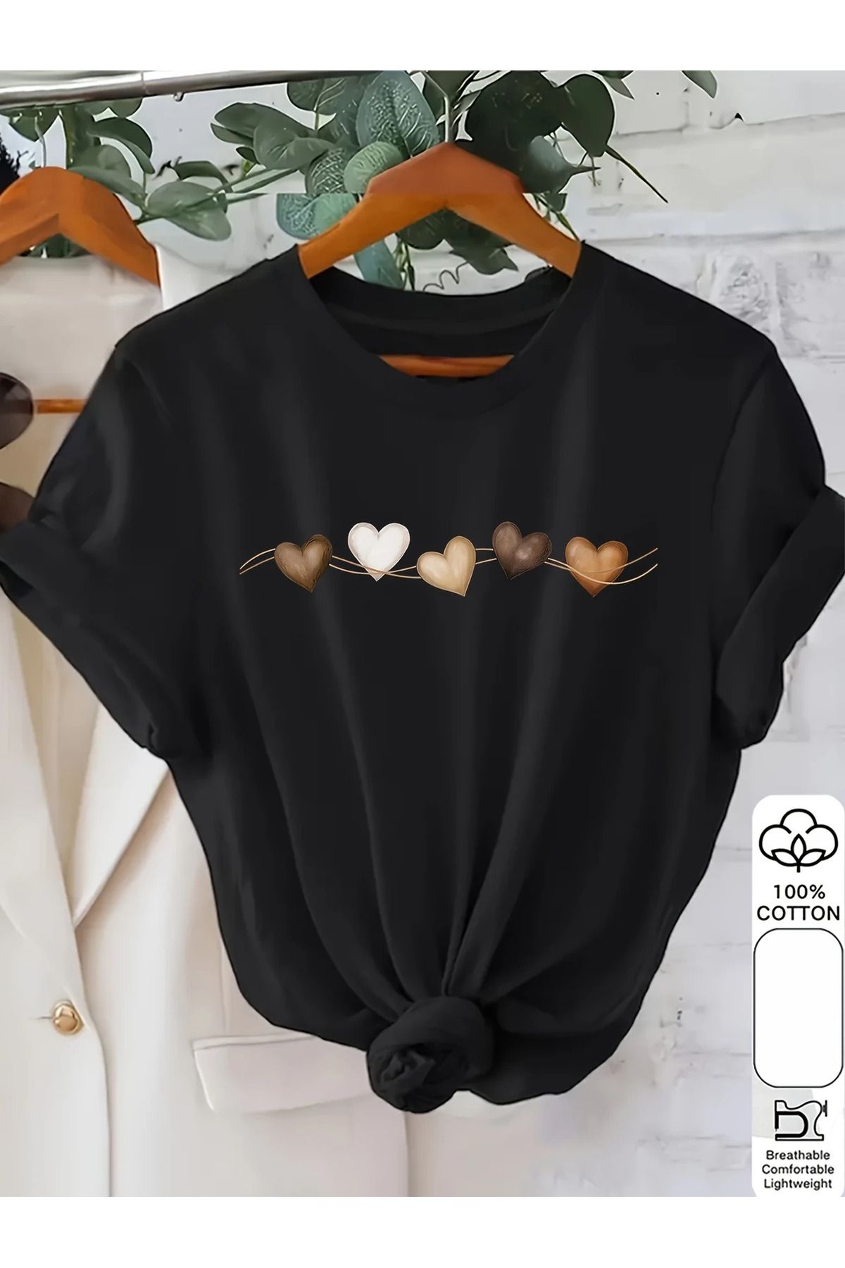 ELNOYA Pamuklu Oversize Heart Pattern Baskılı Kısa Kollu Bisiklet Yaka Rahat Günlük T-shirt
