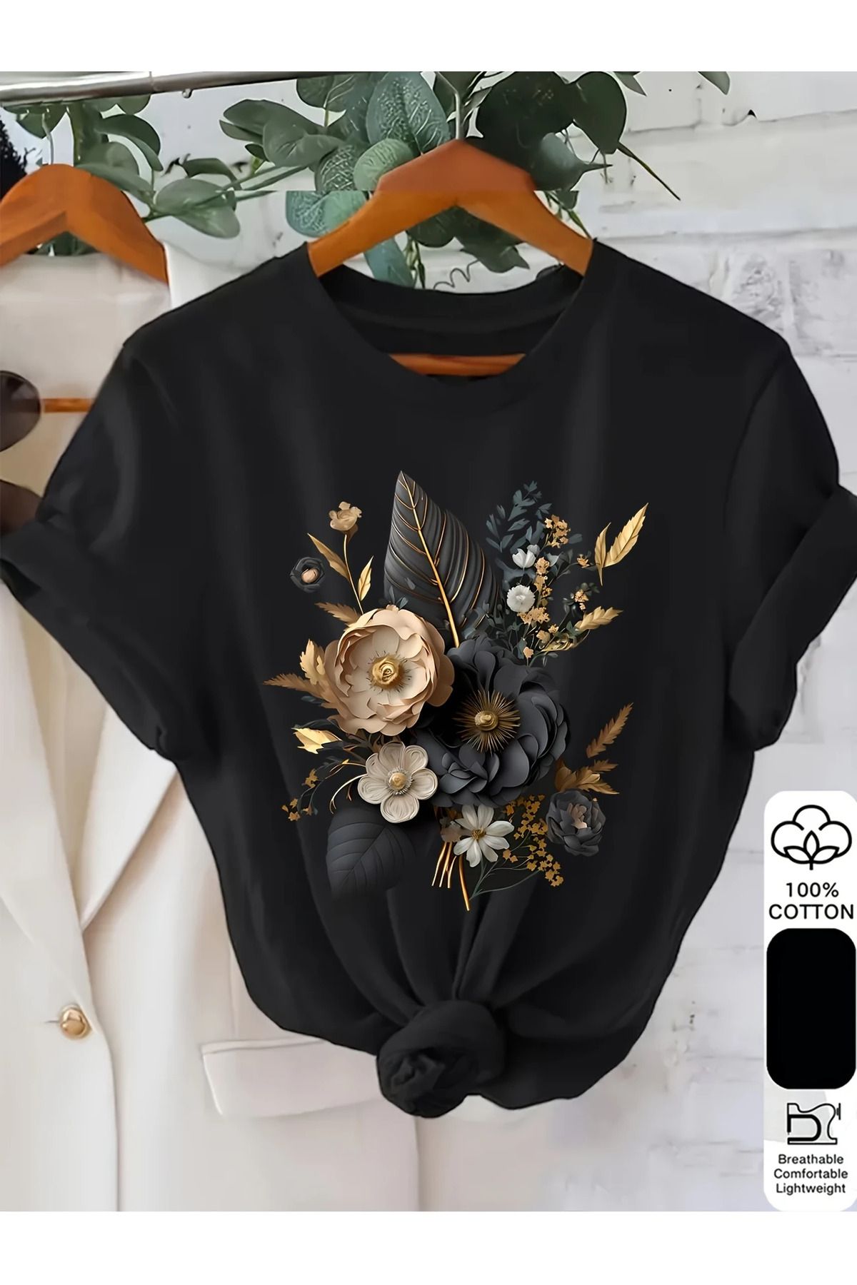 ELNOYA Pamuklu Oversize Floral Baskılı Kısa Kollu Bisiklet Yaka Rahat Günlük T-shirt