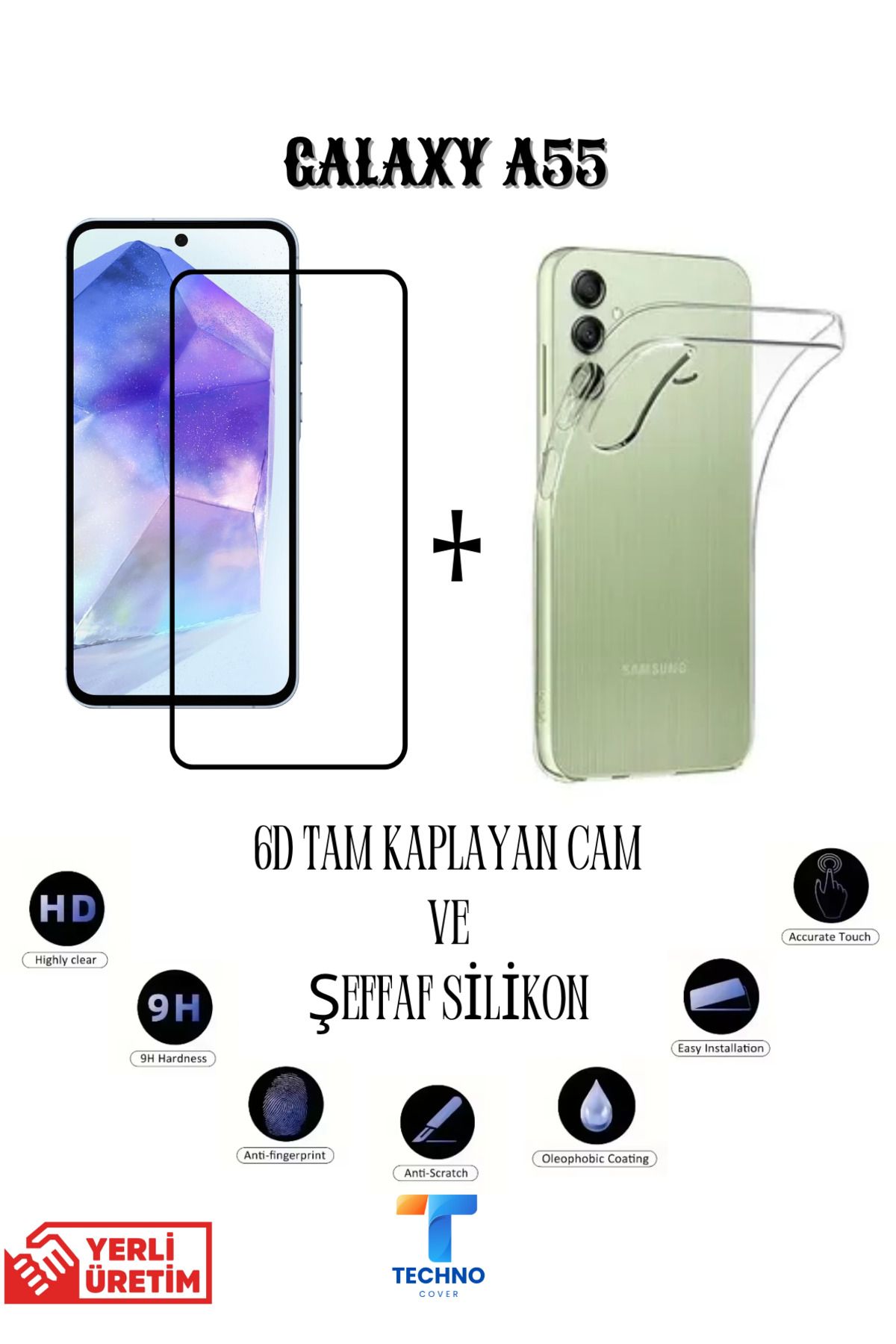 foxpower Samsung A55 6D Tam Kaplayan Ekran Koruyucu ve Şeffaf Kılıf 2li Avantajlı Paket