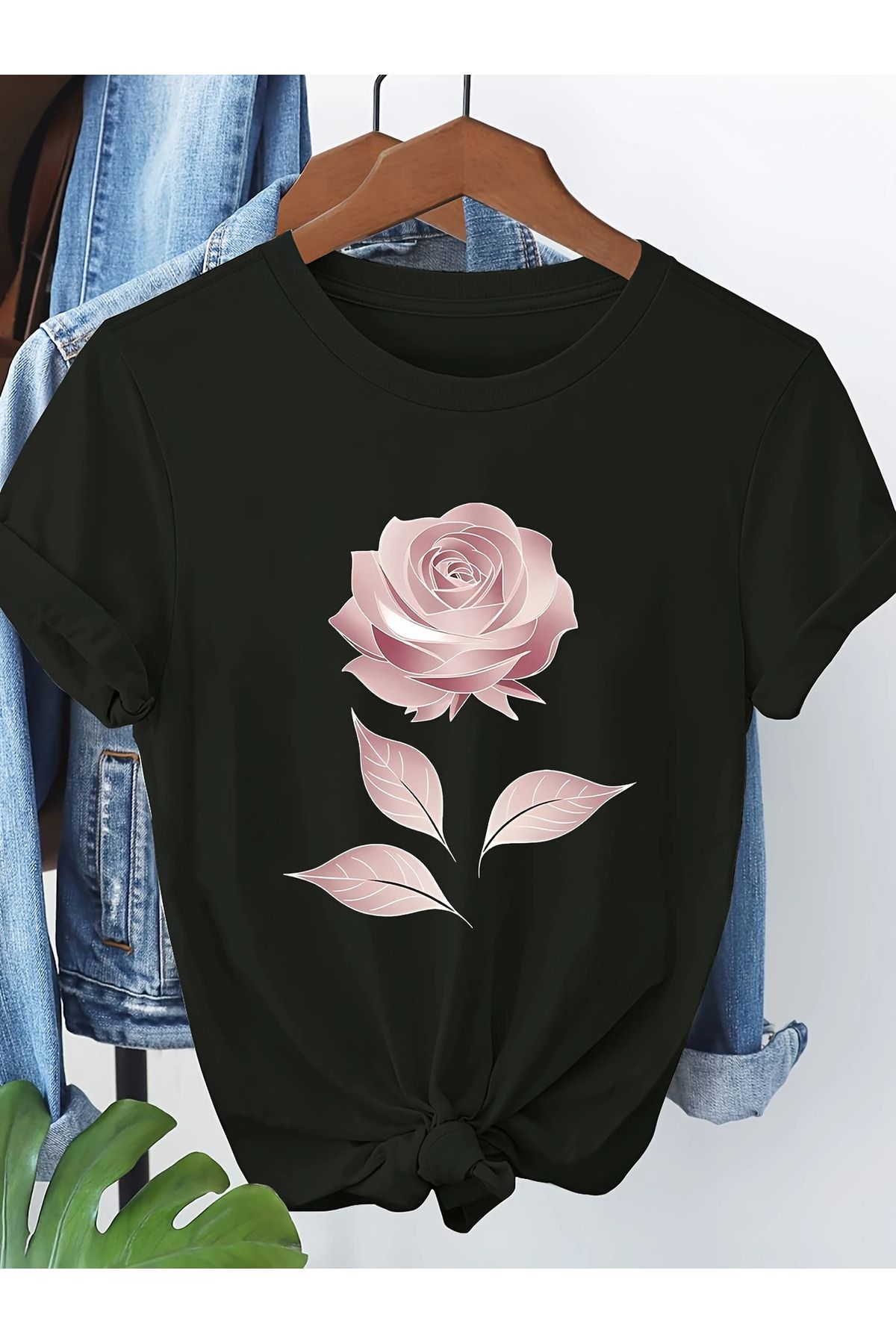 ELNOYA Pamuklu Oversize Pink Rose Baskılı Kısa Kollu Bisiklet Yaka Rahat Günlük T-shirt