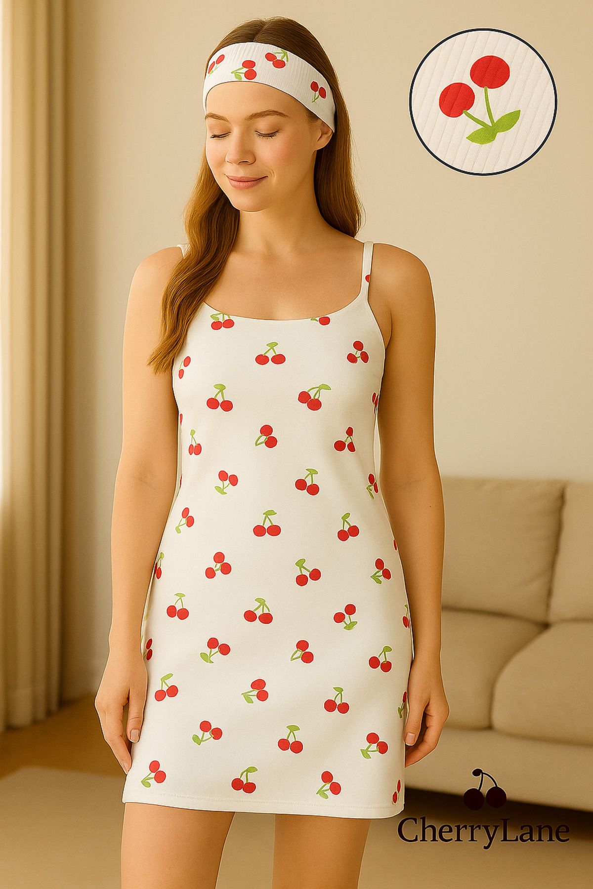 Cherry Lane Kadın Beyaz Kiraz Desenli Askılı Mini Elbise & Saç Bandı 2’li Takım