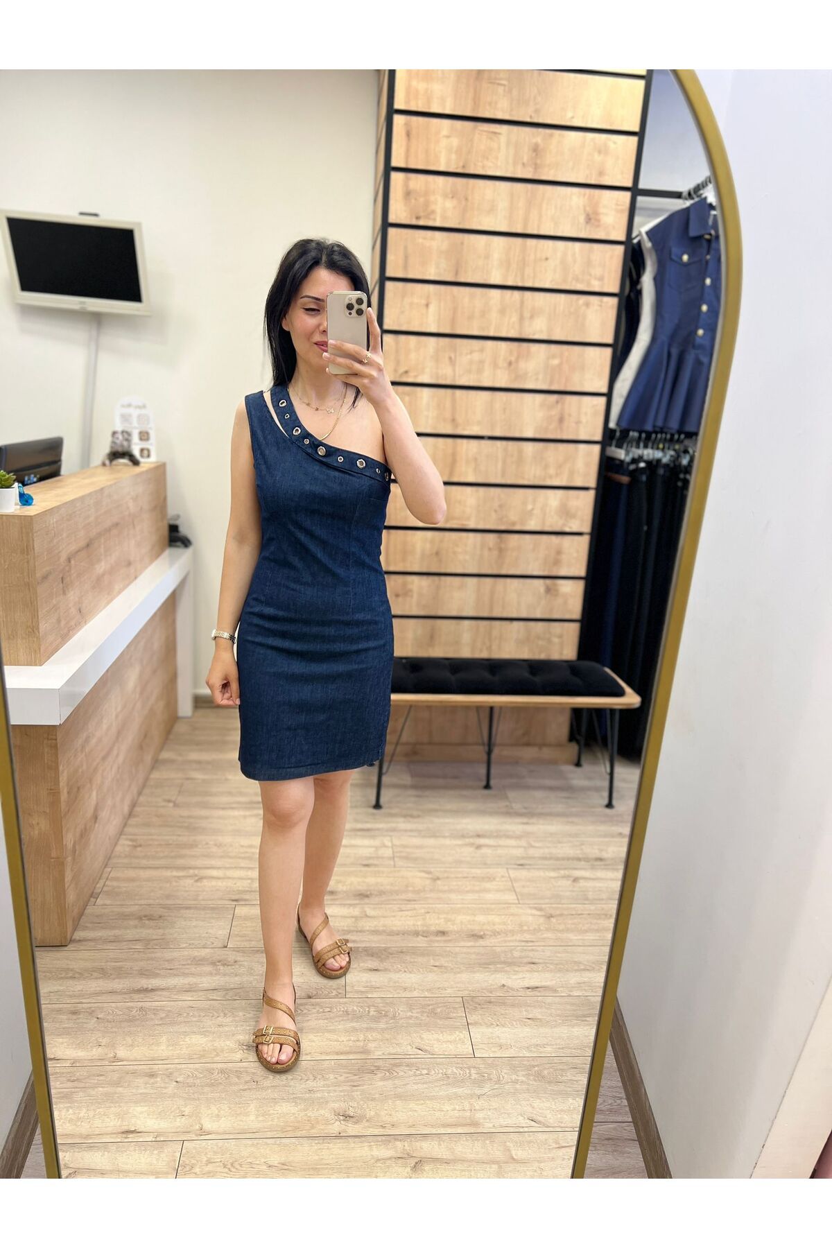 beyazmoda Lacivert Kuş Gözlü Tek Omuz Kot Elbise
