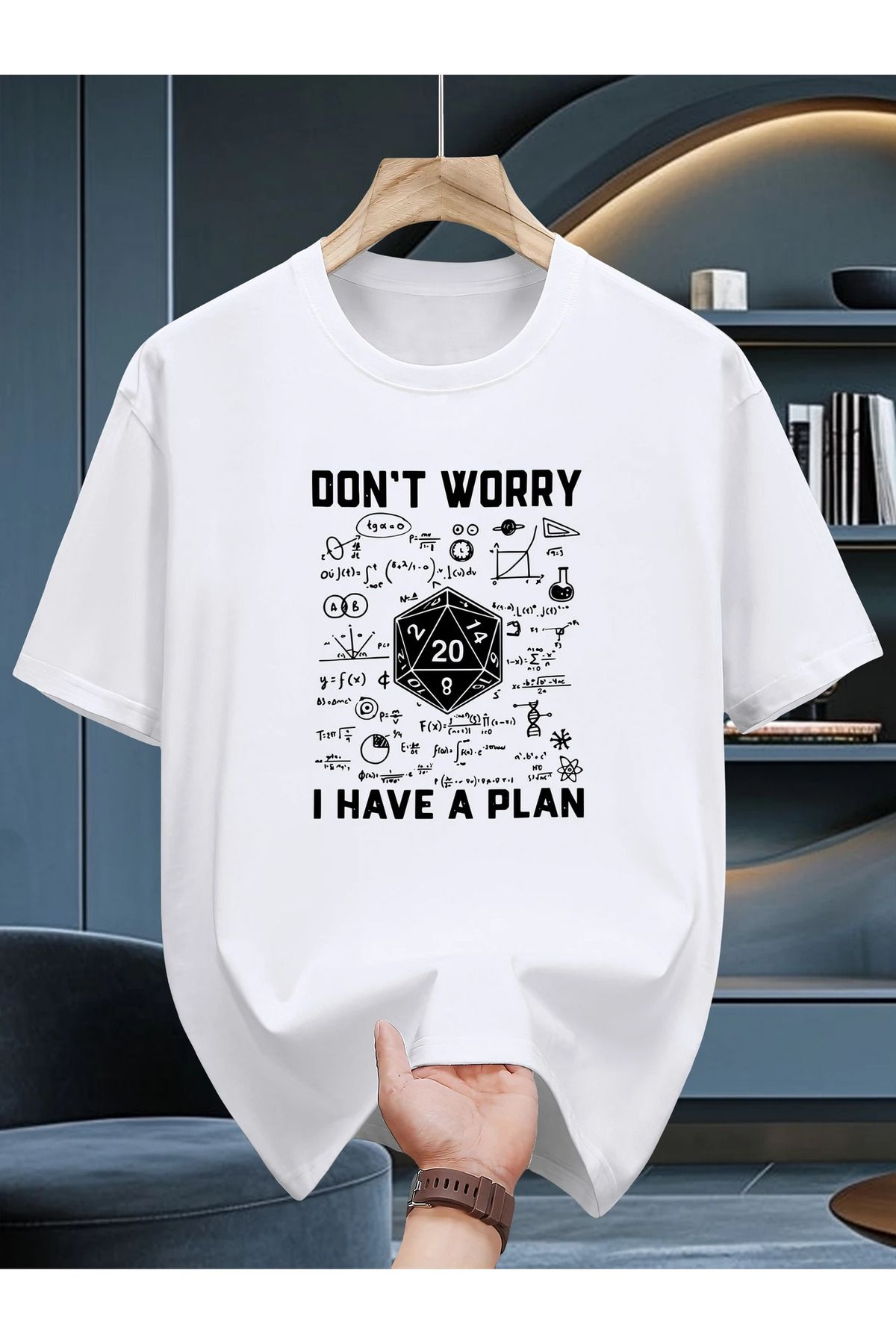 Pink Sky Pamuklu Oversize "Don't Worry I Have a Plan" Baskılı Kısa Kollu Bisiklet Yaka Rahat Günlük T-shirt