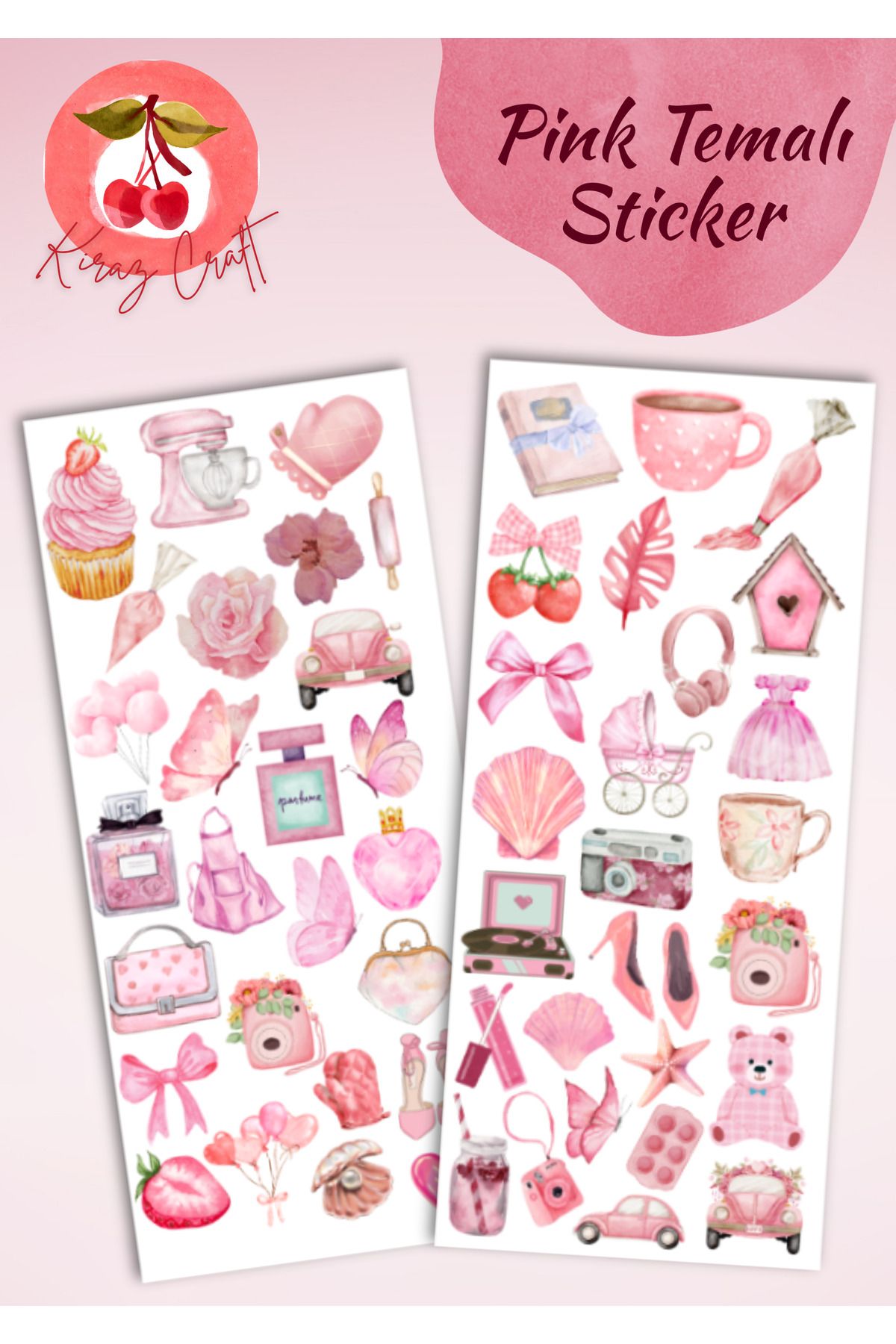 Kiraz Craft Vintage Pink Temalı Sticker Set - Planner Ajanda Bullet Journal Için Uygun Set