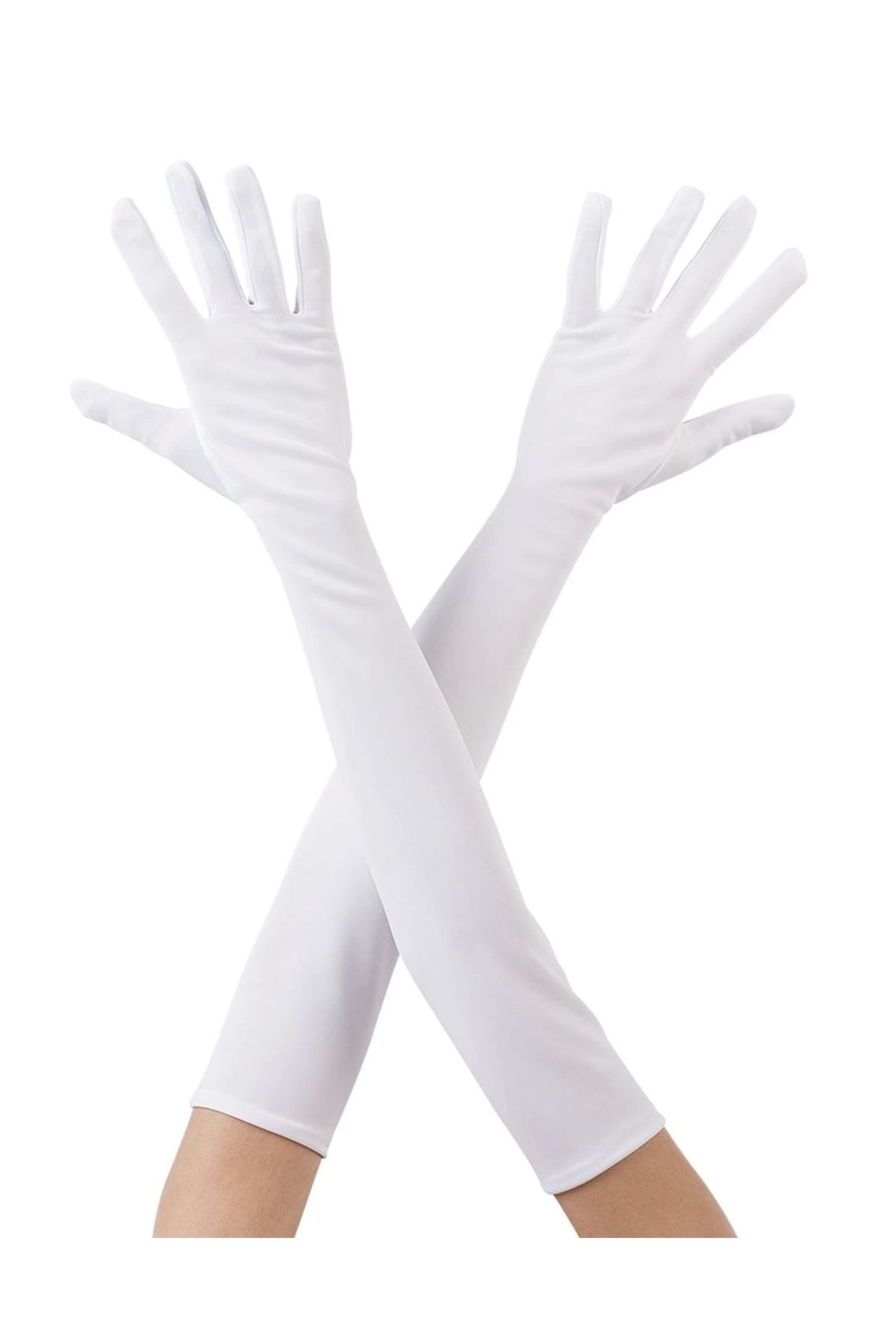 İnnMerry Beyaz Renk Dirseğe Kadar Uzun Kumaş Eldiven 40 cm (5047)