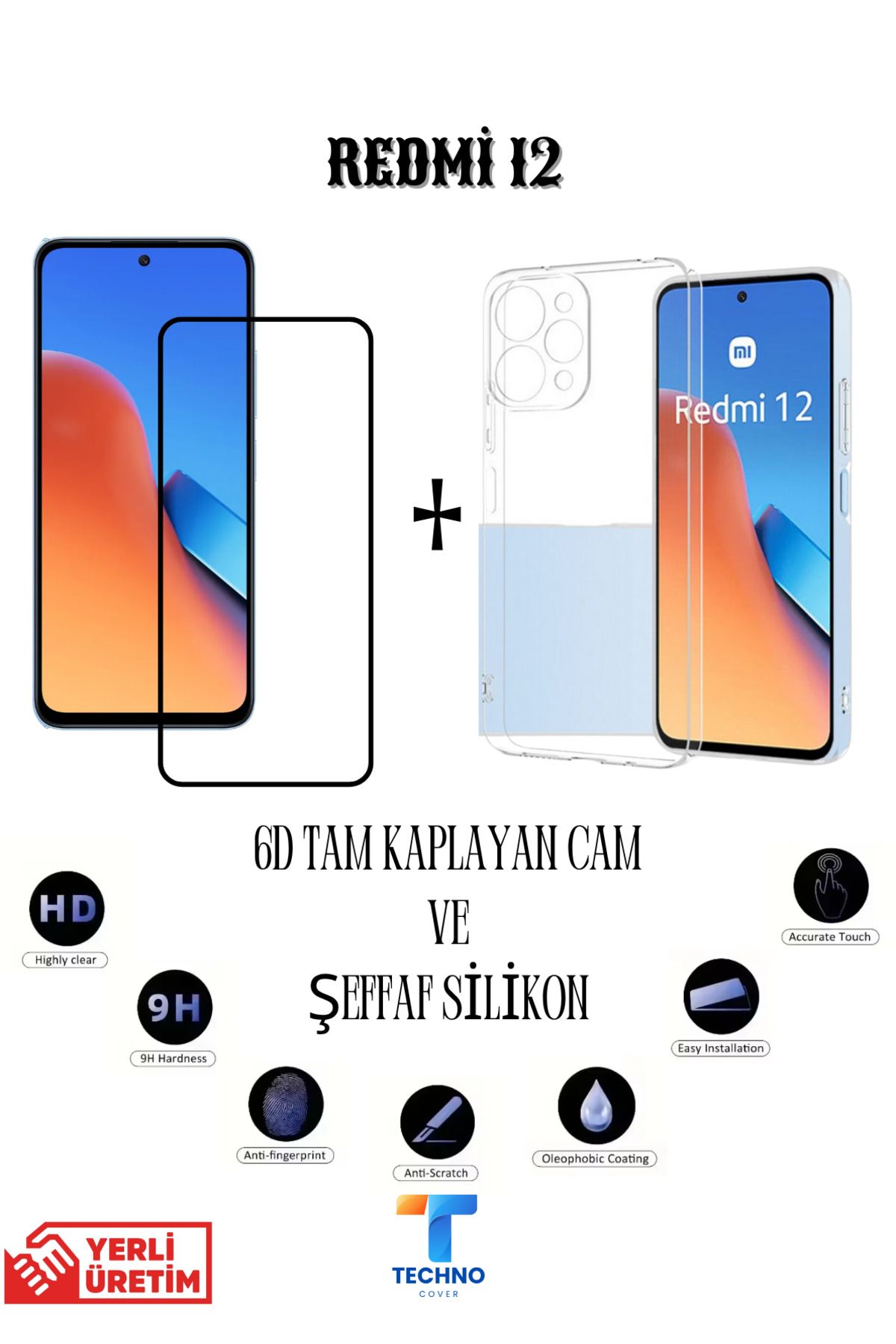 foxpower Redmi 12 6D Tam Kaplayan Ekran Koruyucu ve Şeffaf Kılıf 2li Avantajlı Paket