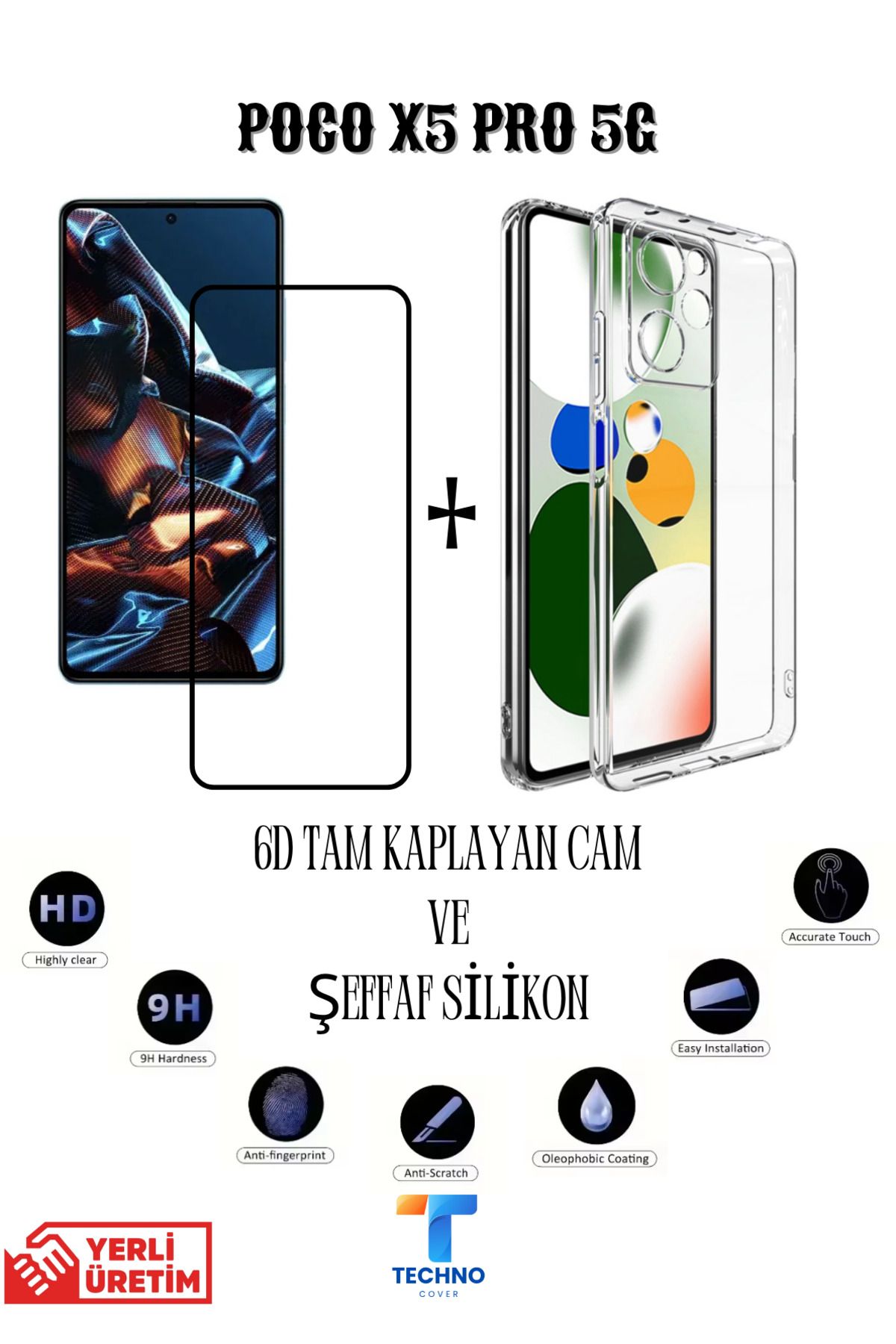 foxpower Poco X5 Pro 5G 6D Tam Kaplayan Ekran Koruyucu ve Şeffaf Kılıf 2li Avantajlı Paket