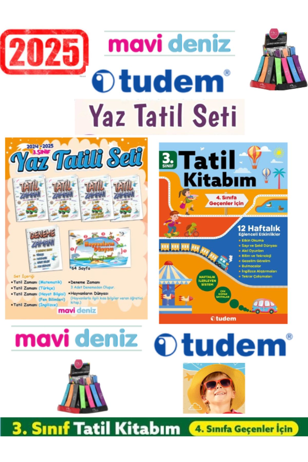 Ens Yayıncılık Mavi Deniz 2025 3.Sınıf Yaz Tatil Seti 12 Kitap+Tudem 3.Sınıf Yaz Tatil 12 Haftalık Tatil Seti+Kalem