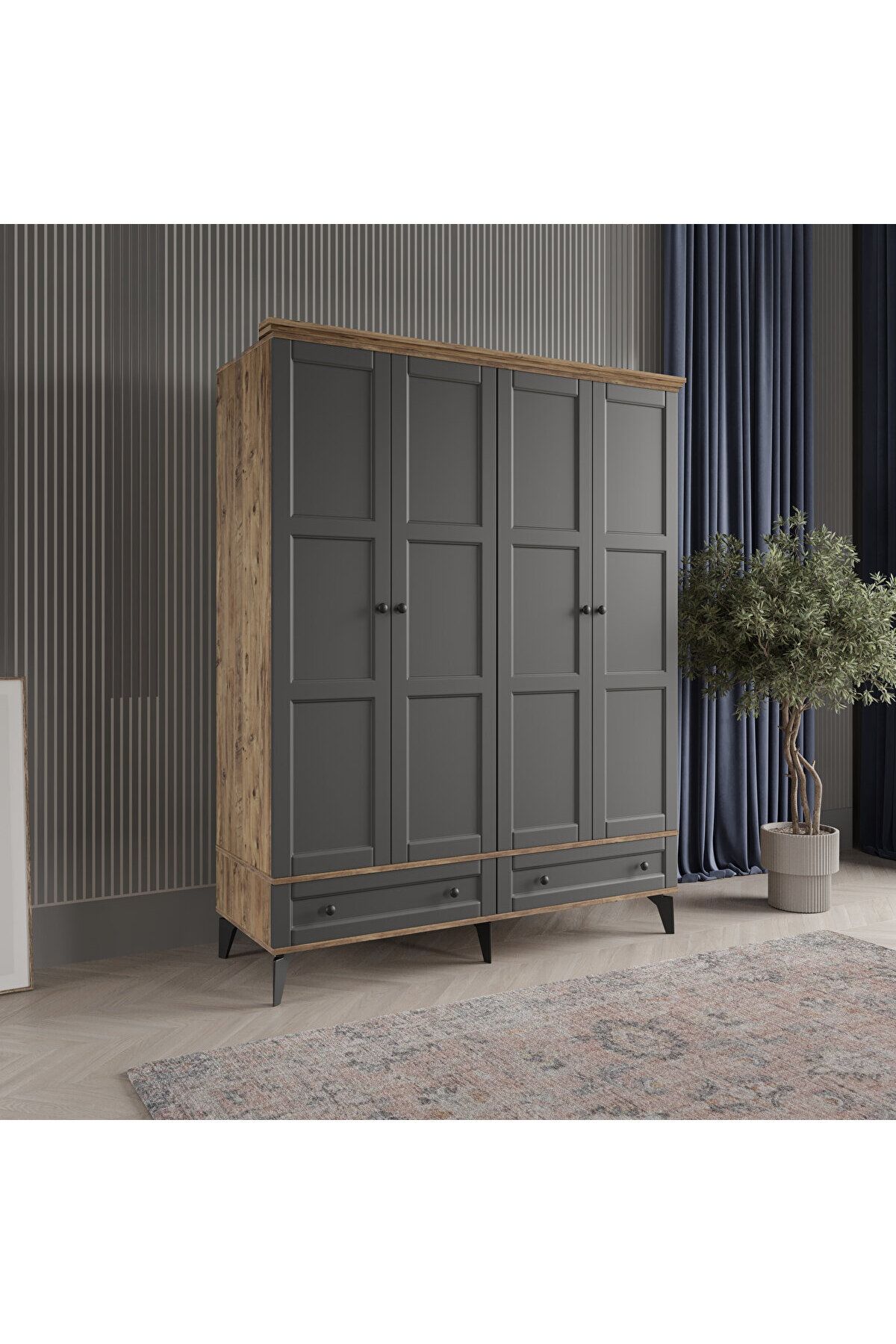 DRNHOME TOPRAK 4 KAPAKLI ANTRASİT GARDIROP TAMAMI MDF