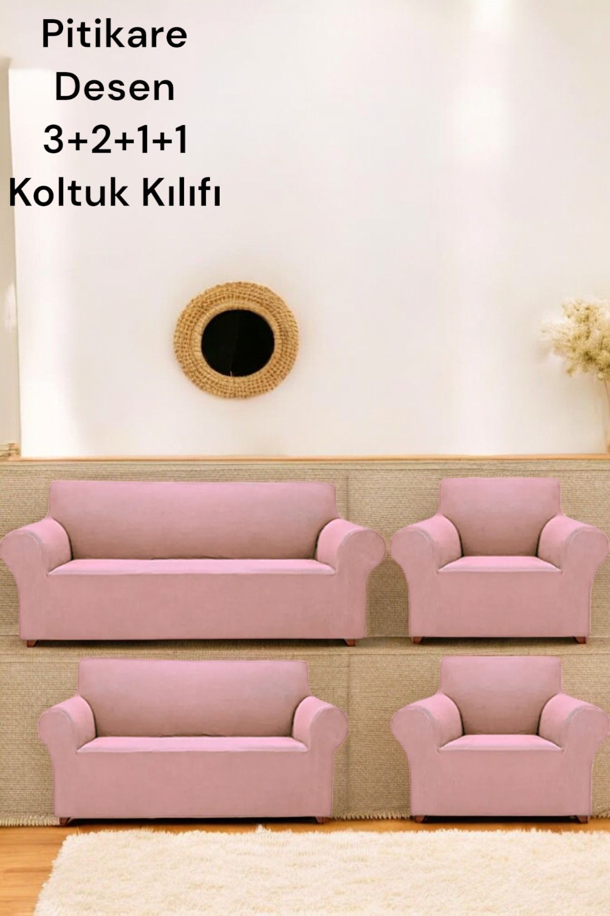 Gibella Likrali Pitikare Desen(3211) koltuk kılıfı, Lastikli Esnek Yikanabilir Koltuk Çekyat Örtüsü Pudra