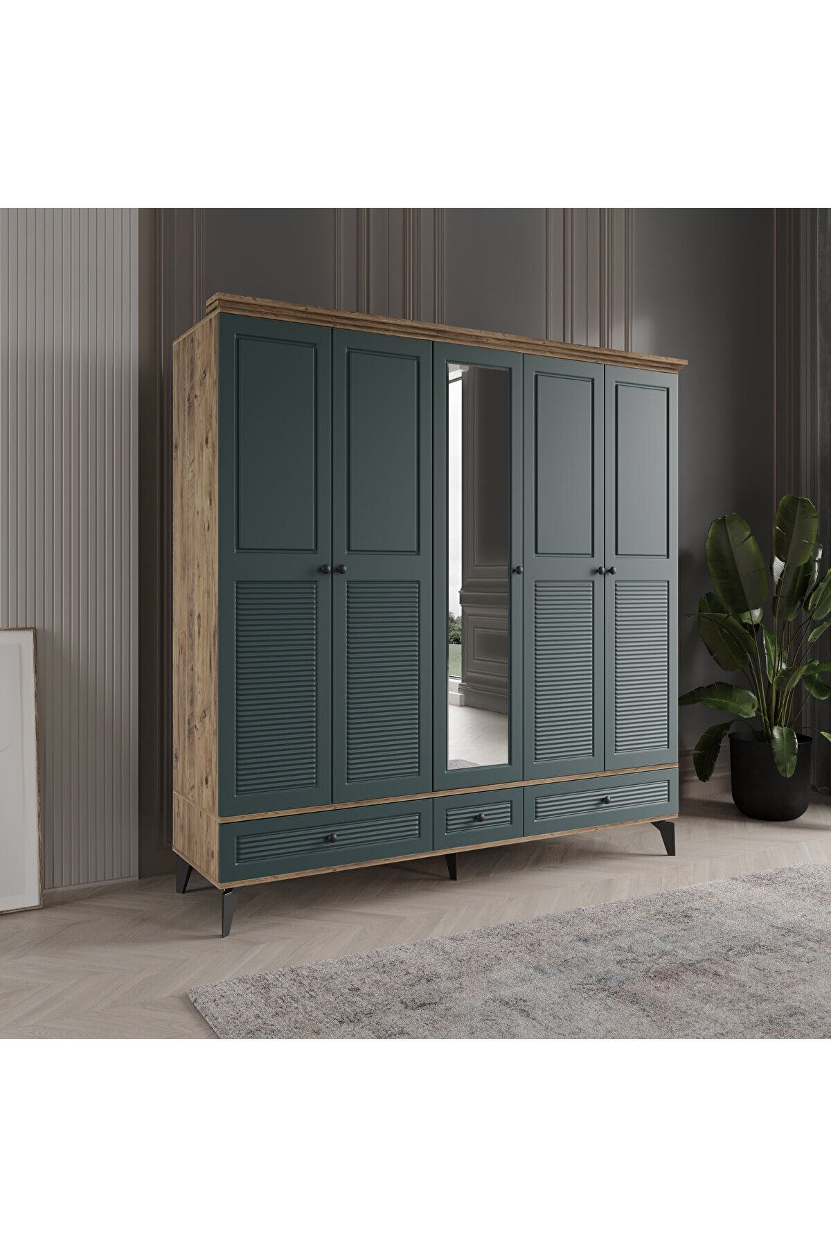 DRNHOME İNCİ 5 KAPAKLI YEŞİL GARDIROP TAMAMI MDF