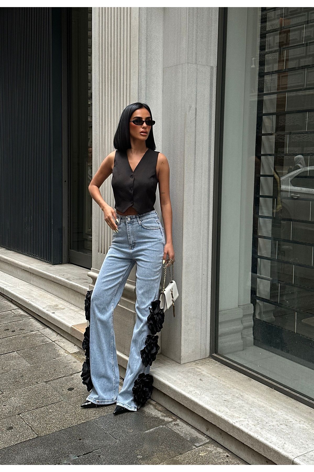 Diviny Kadın Tasarım Gül Figürlü Mavi Yüksek Bel Palazzo Jean