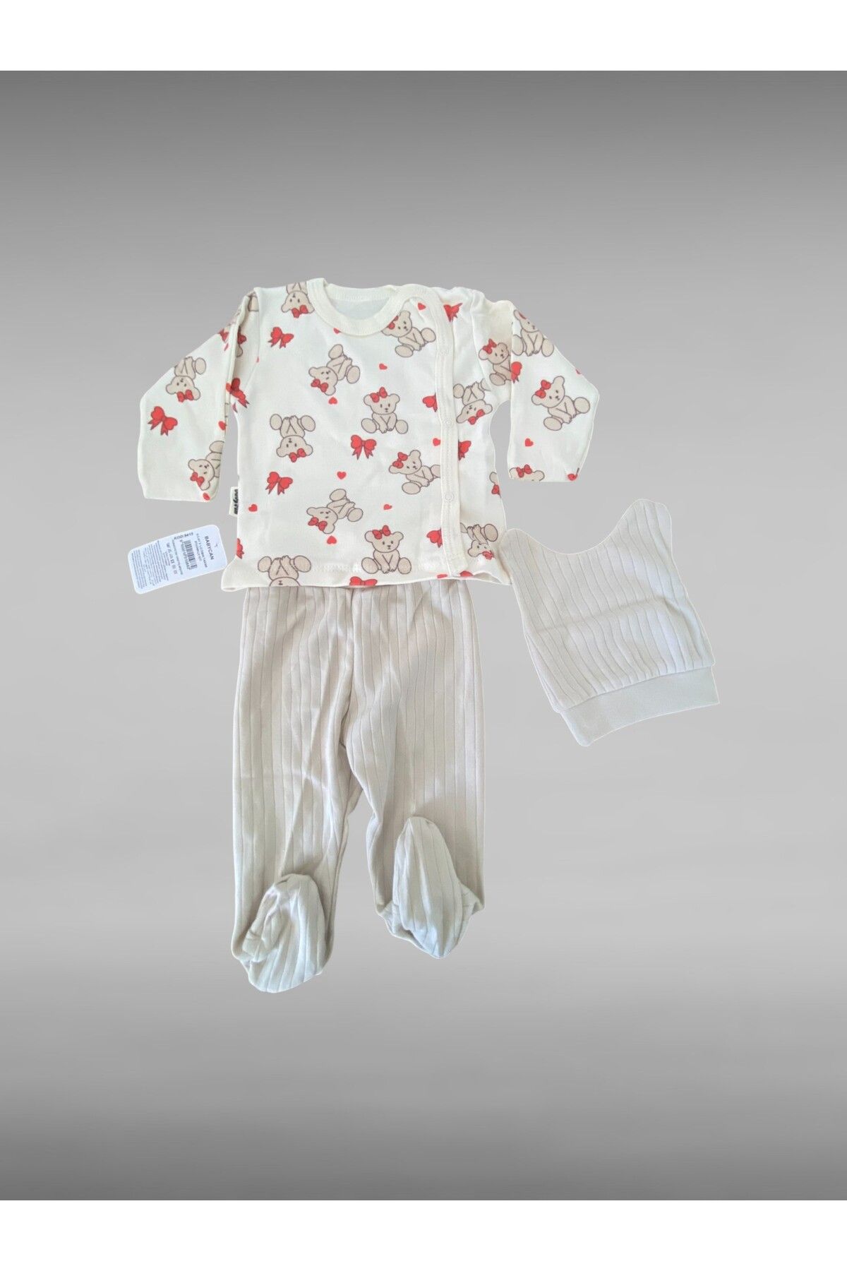 Babycan 3’lü Kız Bebek Takımı – %100 Pamuk, Ayıcık Desenli Zıbın, Patikli Alt & Şapka Seti, 0-3 Ay