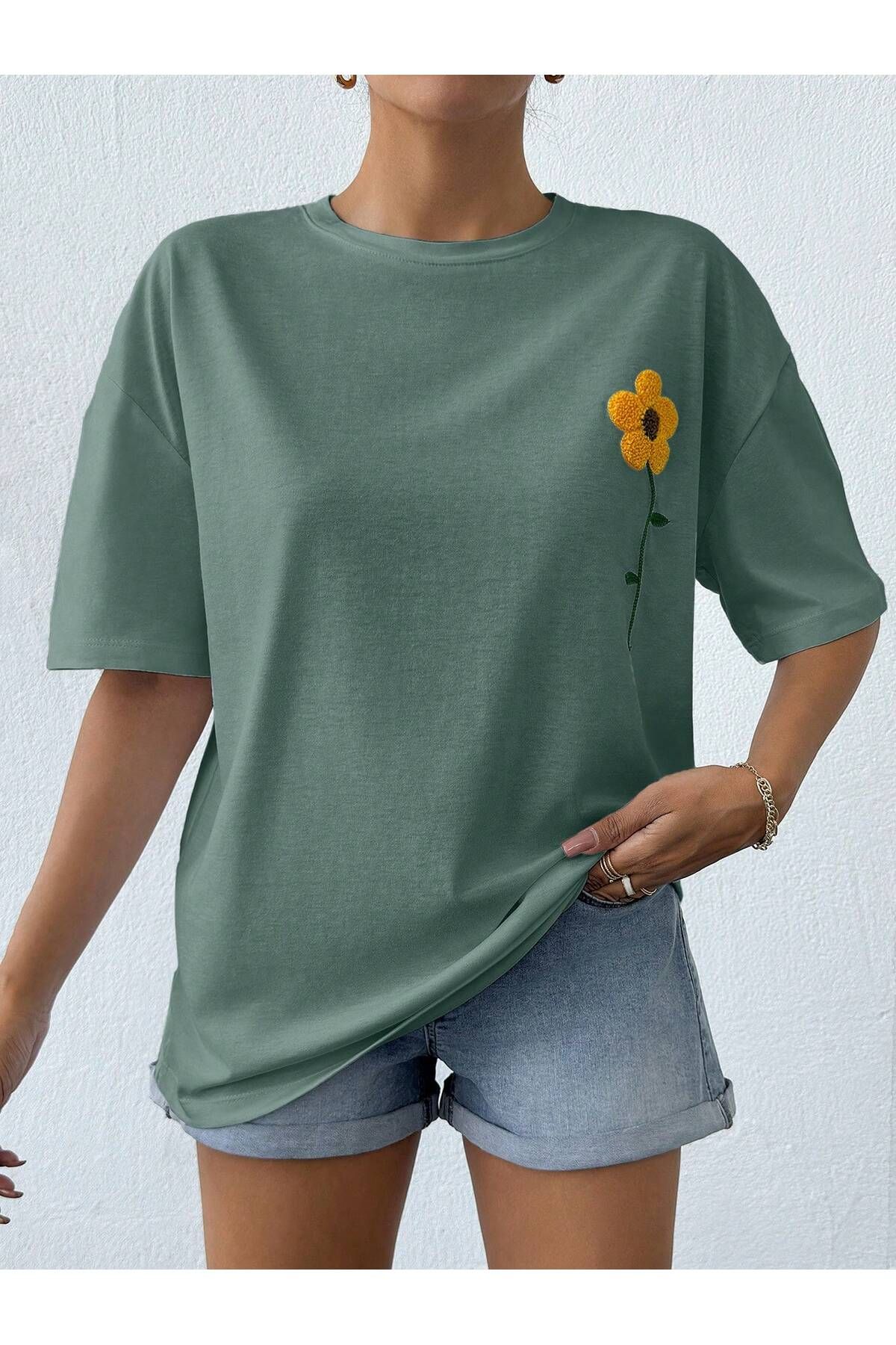 VHTMODA Nakişlı YEŞİLL Oversize Tshirt