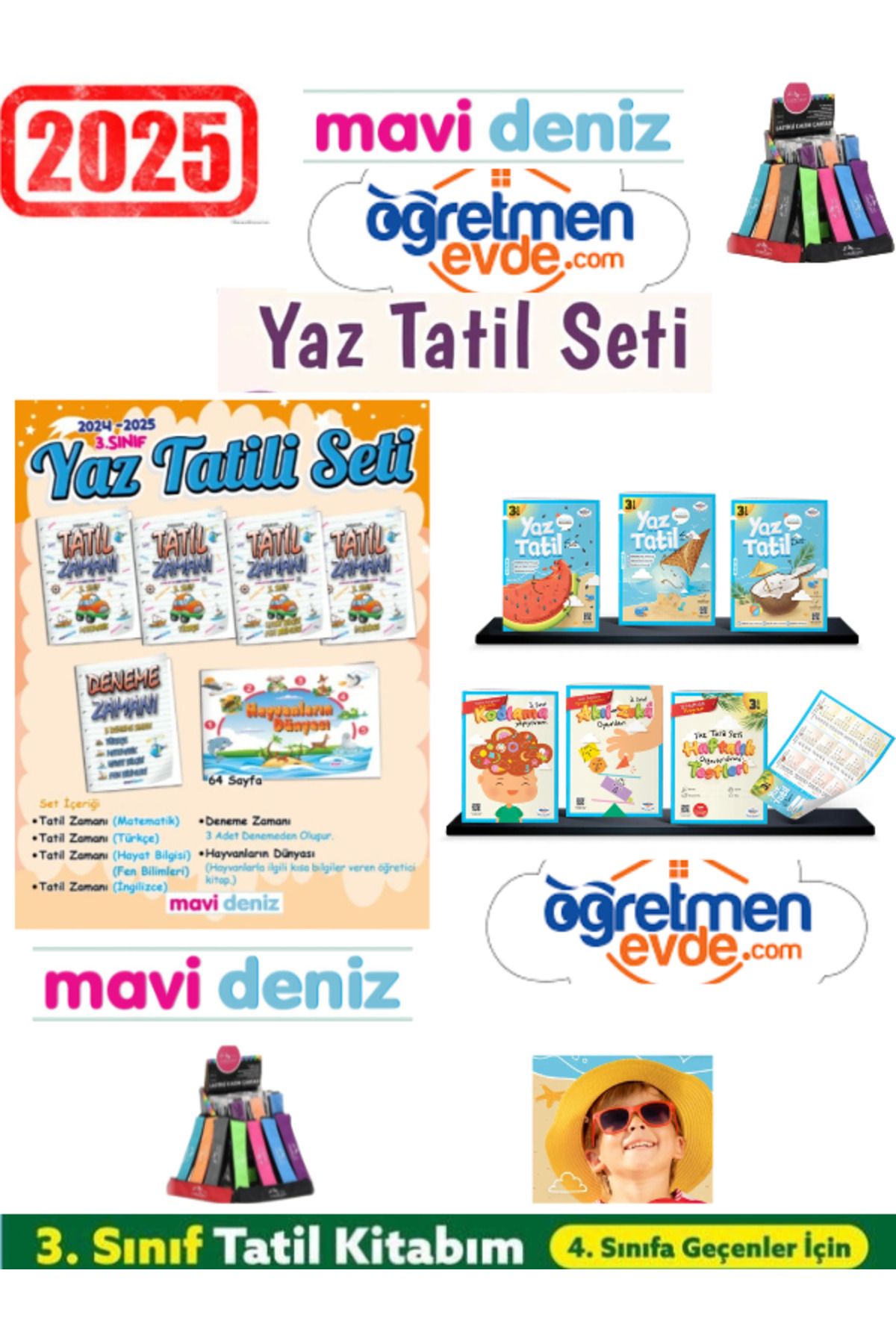 Ens Yayıncılık Mavi Deniz 2025 3.Sınıf Yaz Tatil Seti 12 Kitap+Öğretmen Evde 3.Sınıf Yaz Tatil Seti+Kalem