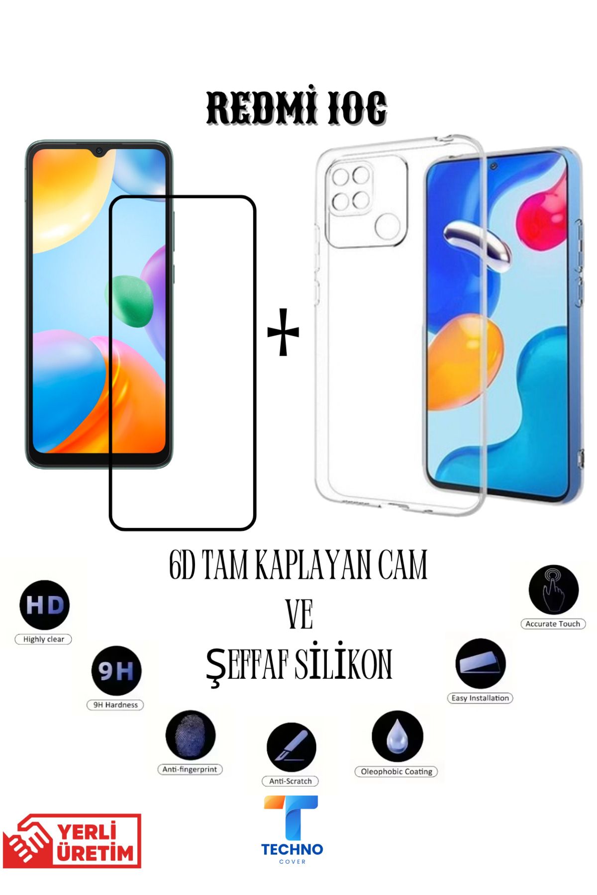 foxpower Redmi 10C 6D Tam Kaplayan Ekran Koruyucu ve Şeffaf Kılıf 2li Avantajlı Paket