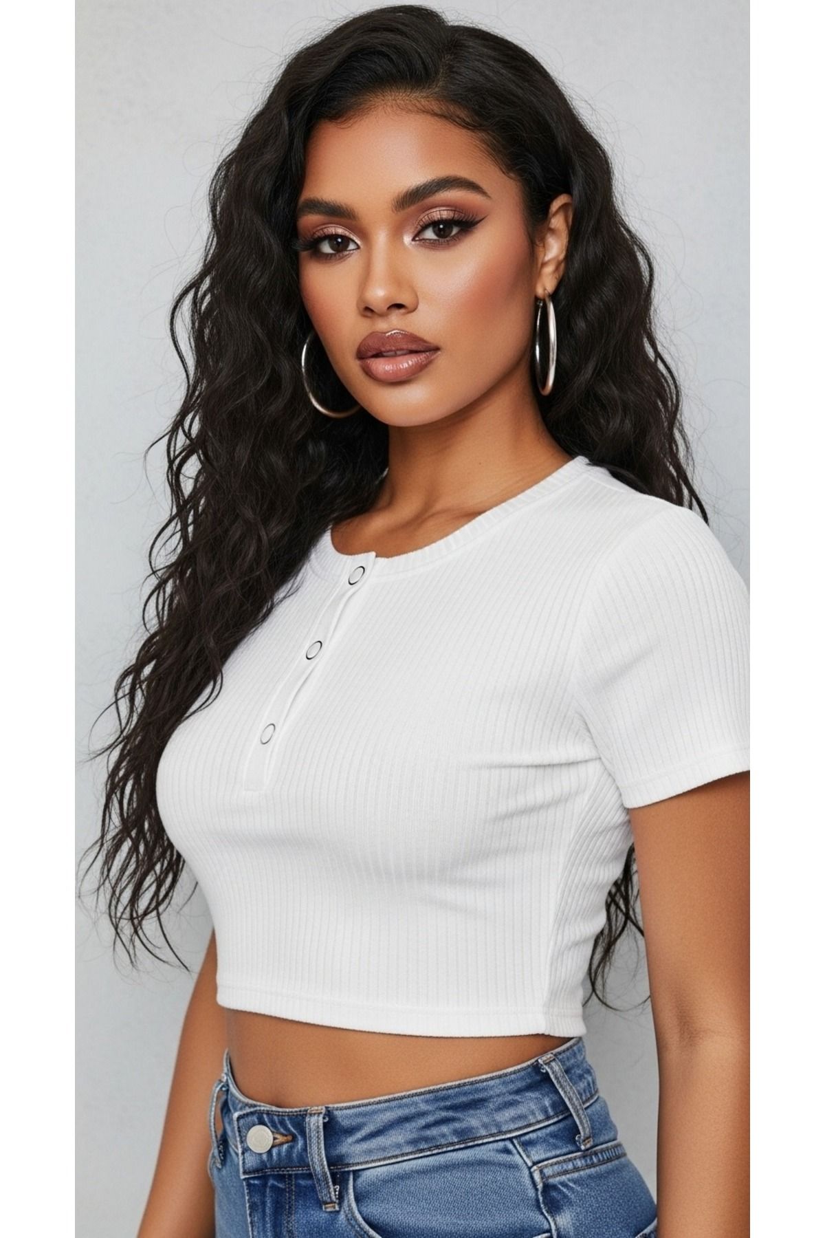 Butikdolabın Kadın Kısa Kollu Çıtçıtlı Yaka Crop Bluz