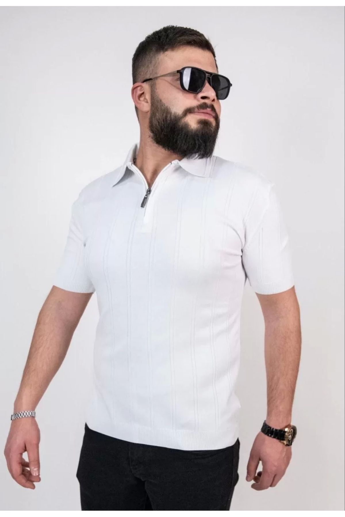 Robahood Triko Dokuma Yarım Fermuarlı Yakalı T-shirt - Beyaz