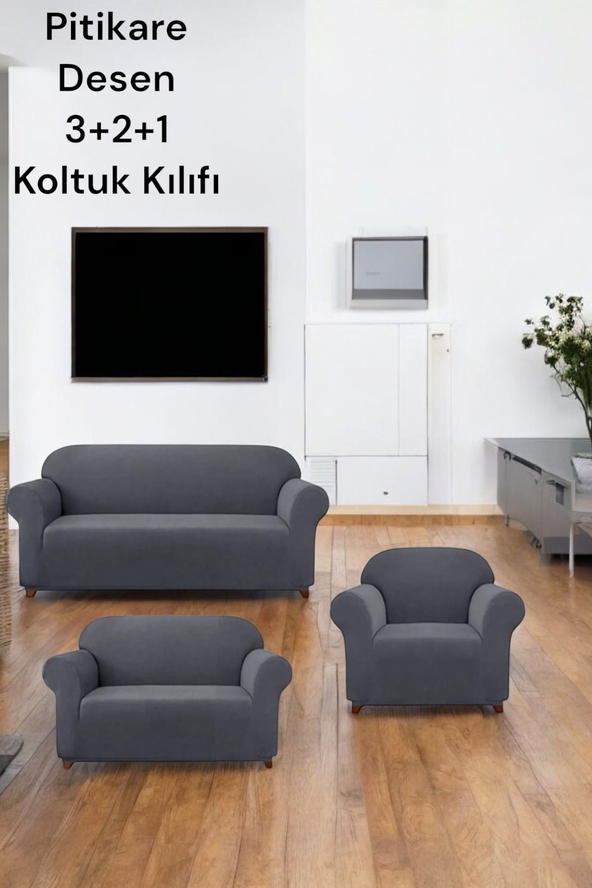 Gibella Likrali Koltuk, Kanepe, Çekyat Örtüsü Lastikli, Pitikare Desen 3+2+1 Antrasit