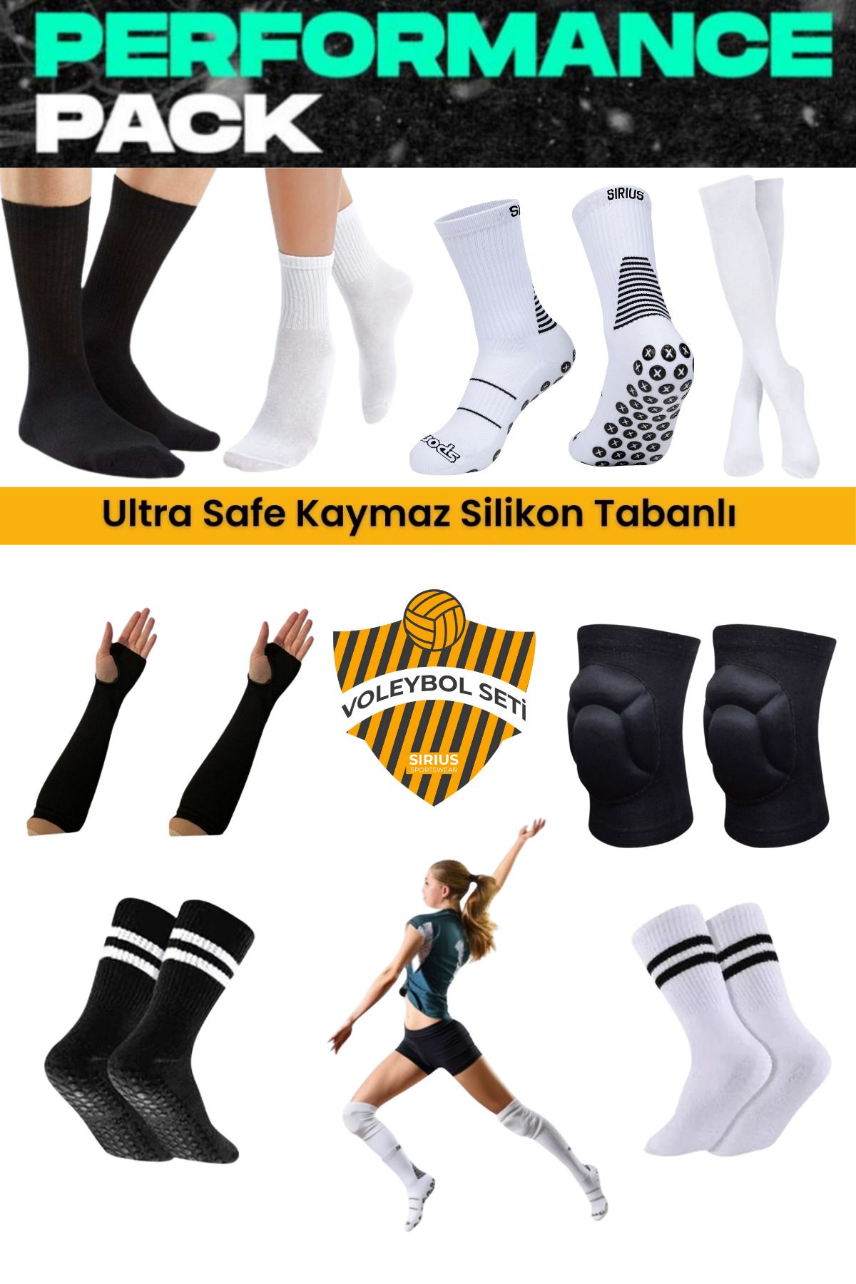 Bellanora 16 Parça Voleybol Dizliği& &Elliği &Uzun-Orta Konç Çorabı&Kaydırmaz Silikon Taban Maç Çoraplar Seti