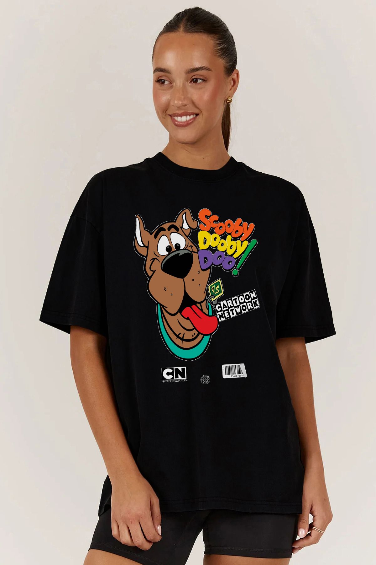 MODA Scooby Doo Baskılı Oversize Kalıp Siyah Geniş Bol Kesim Kadın Tişört