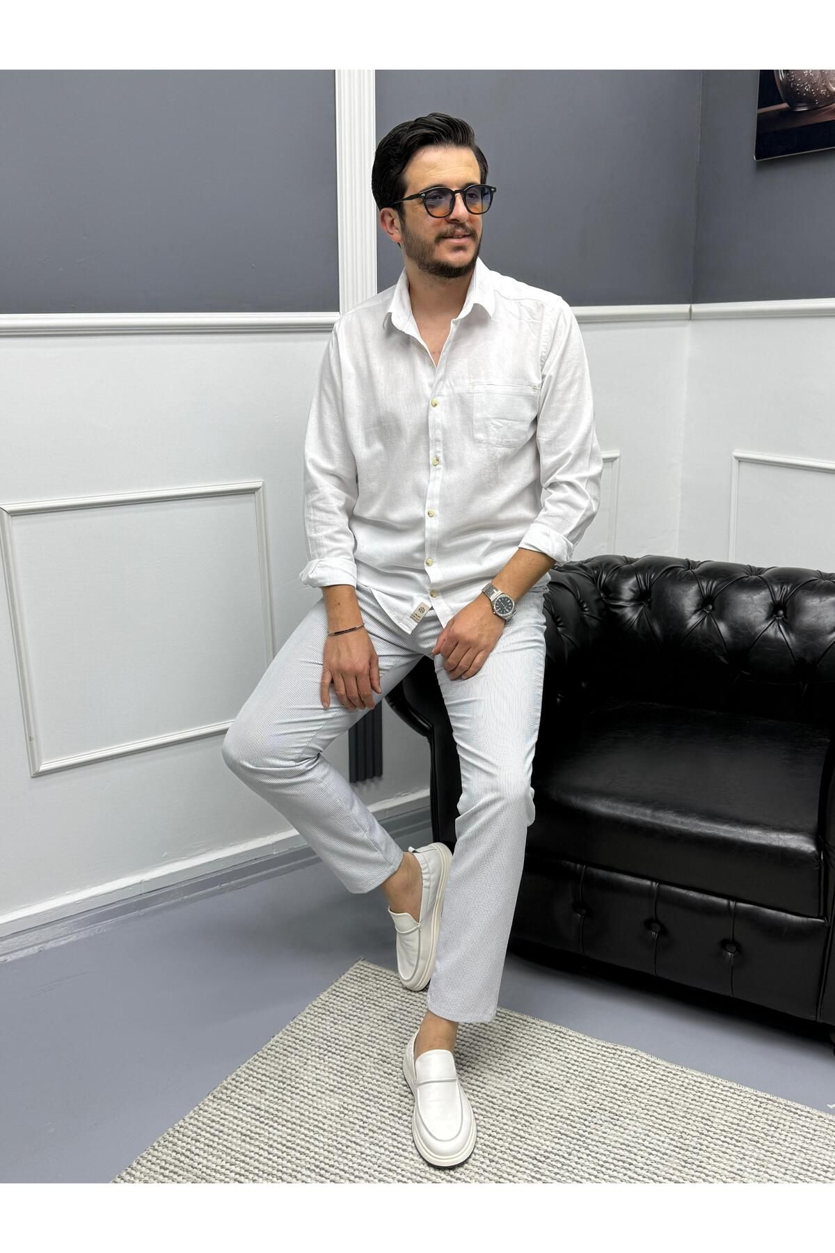 Avni Ceylan Erkek Keten Dokulu Slim Fit Uzun Kollu Gömlek Nakış işleme Detaylı