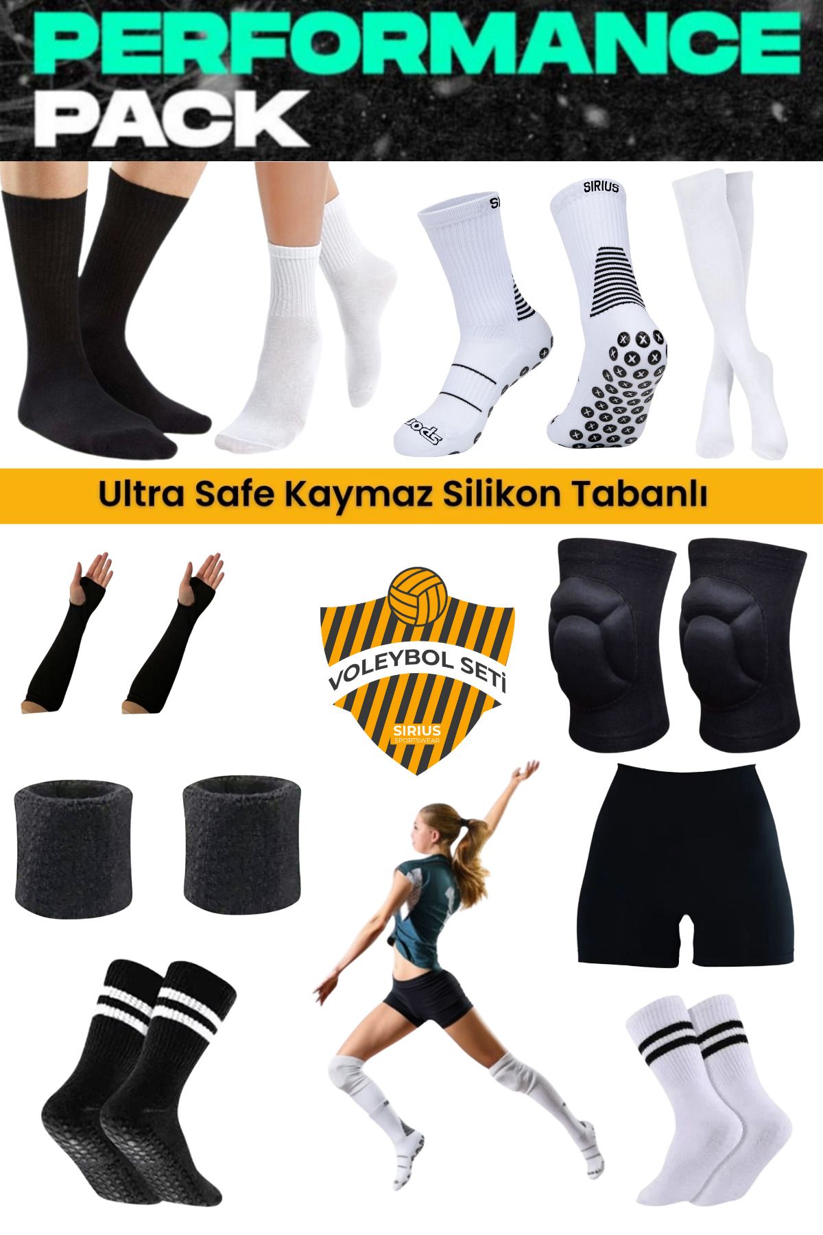 Bellanora 19'lu Voleybol Dizliği&Ellik&Taytı/Uzun Orta Boy&Kaydırmaz Silikon Taban Maç Çoraplar&Havlu Bileklik