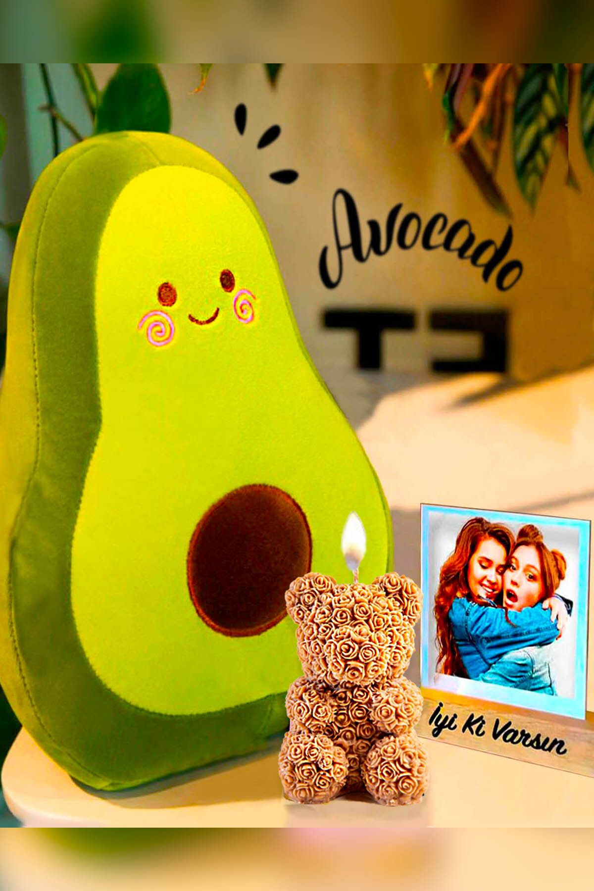 RETROGO Avokado Avakado Yastık & İyi Ki Varsın Stand & Teddy Bear Gül Ayıcık Hediye Seti