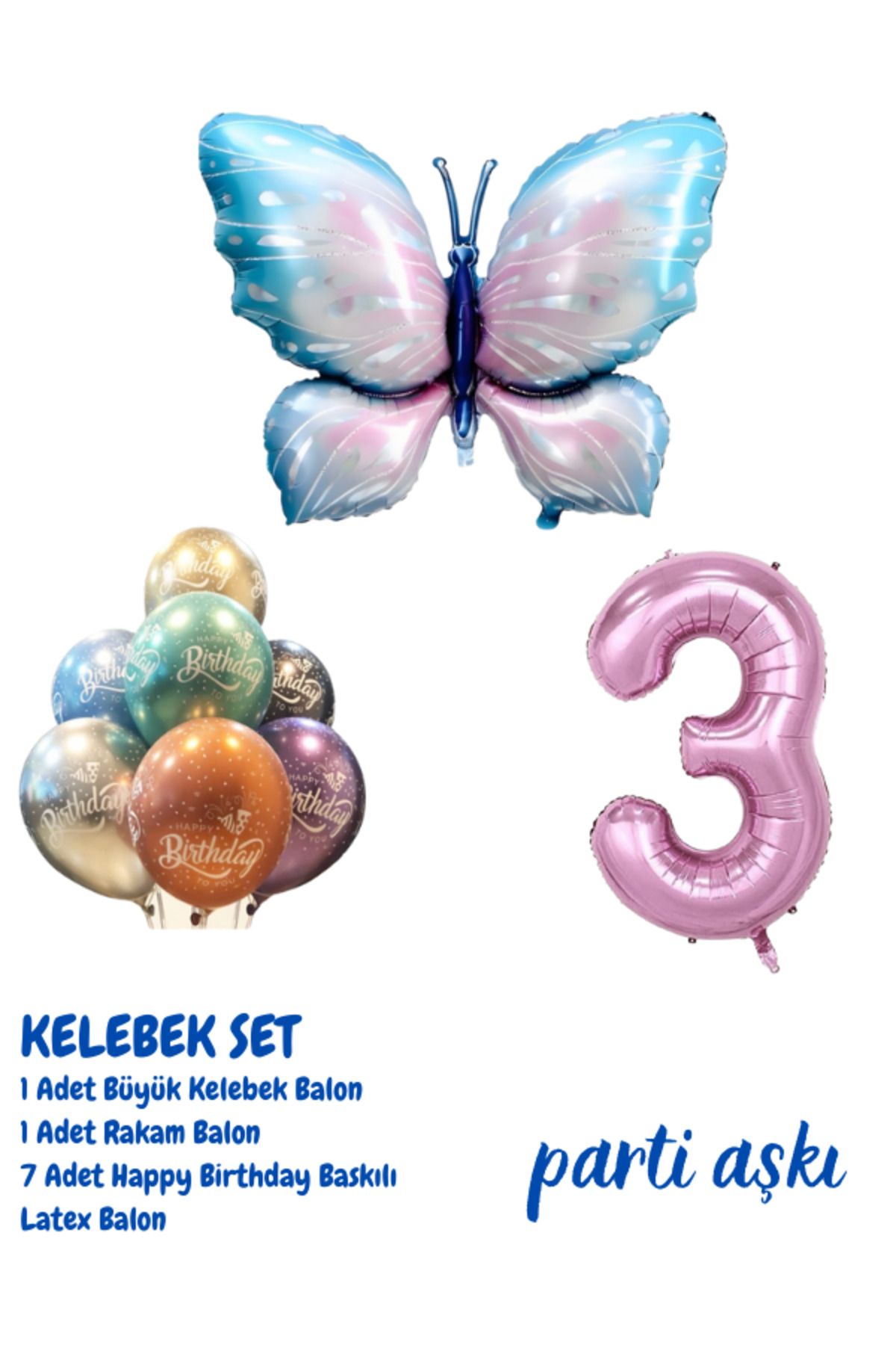 PARTİ AŞKI 3 Yaş Büyük Kelebek 3'lü Balon Seti & Kız Çocuk Bebek Konsept Doğum Günü Parti Balonu