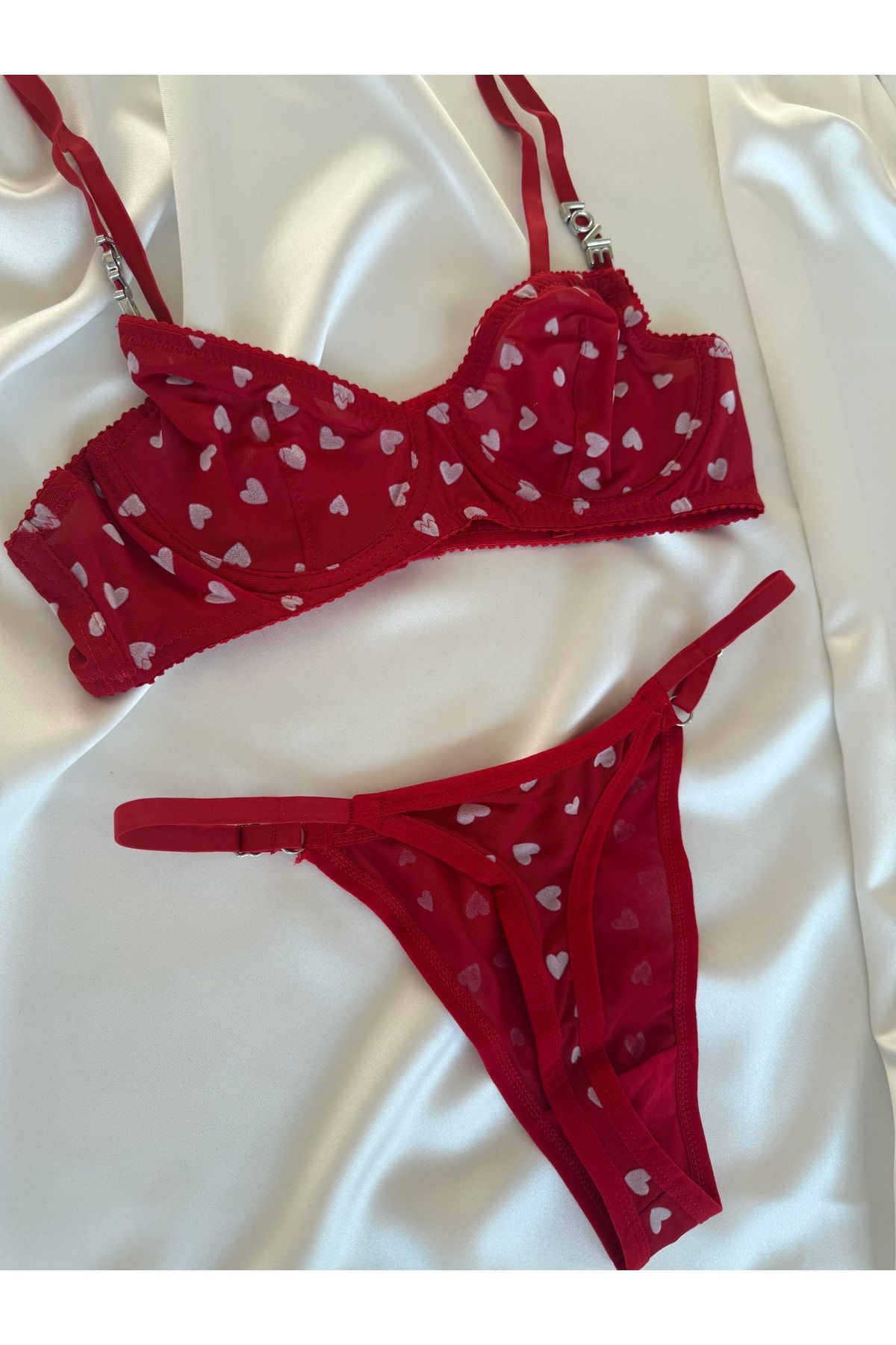 Pijamacs-Transparent Detailed Red Heart Patterned Bralet Set Bra Set 6