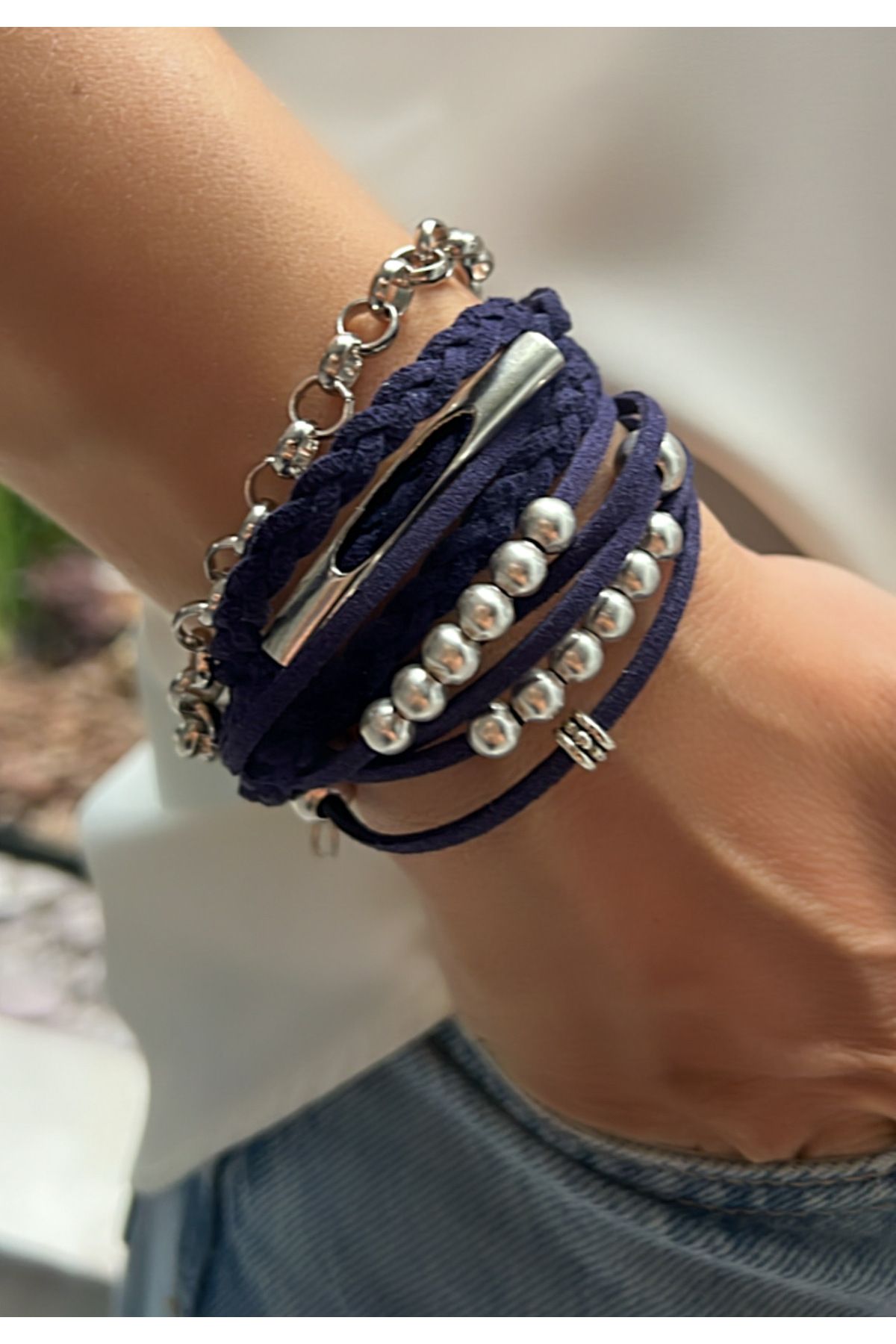 Kutcha Accessories Lacivert Çoklu Görünümlü Deri Bileklik – Gümüş / Altın Detay Seçenekli