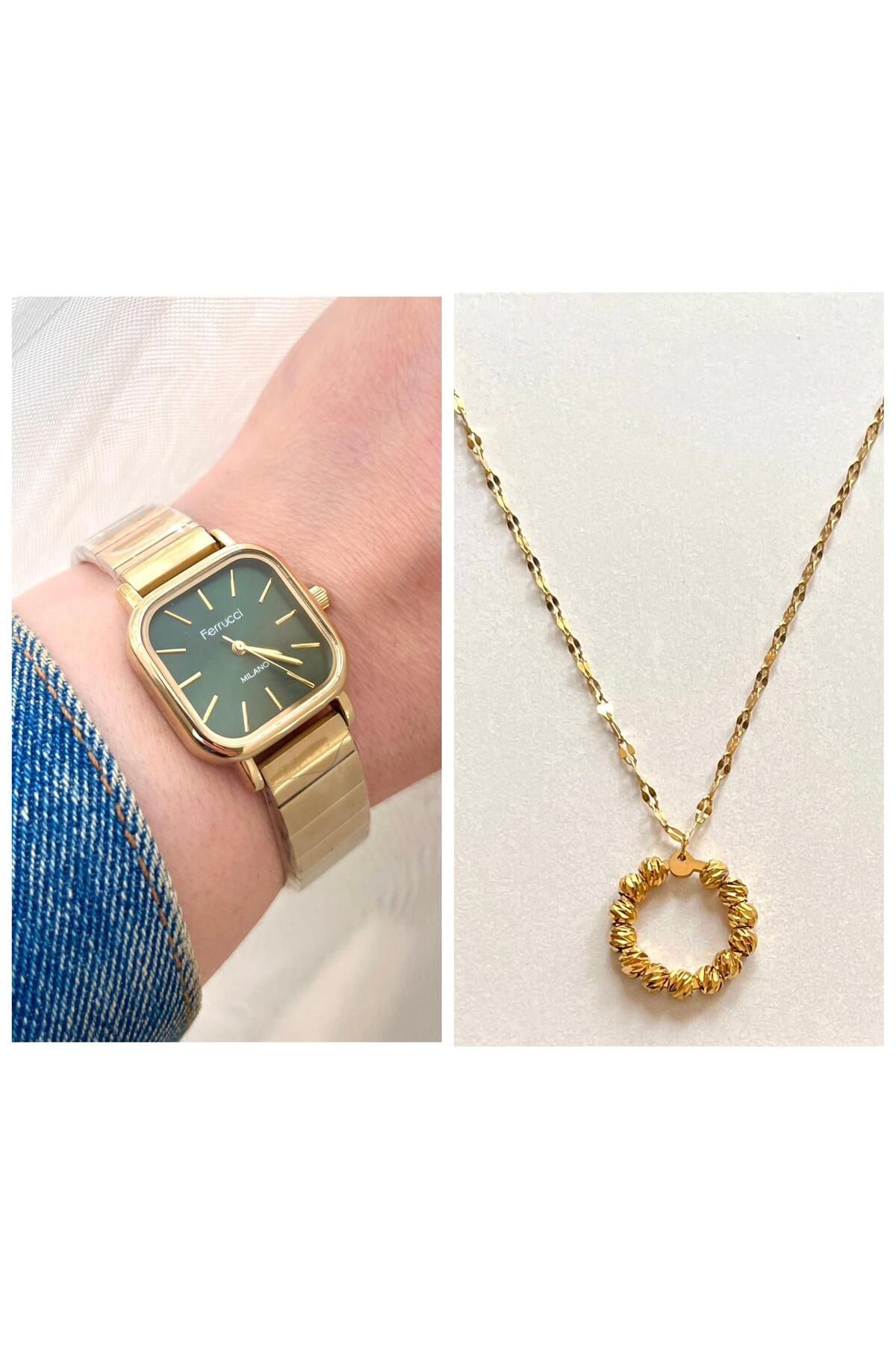 Ferrucci Gold Renk Yeşil Kadran Kadın Kol Saati+%100 Çelik Kolye Hediye