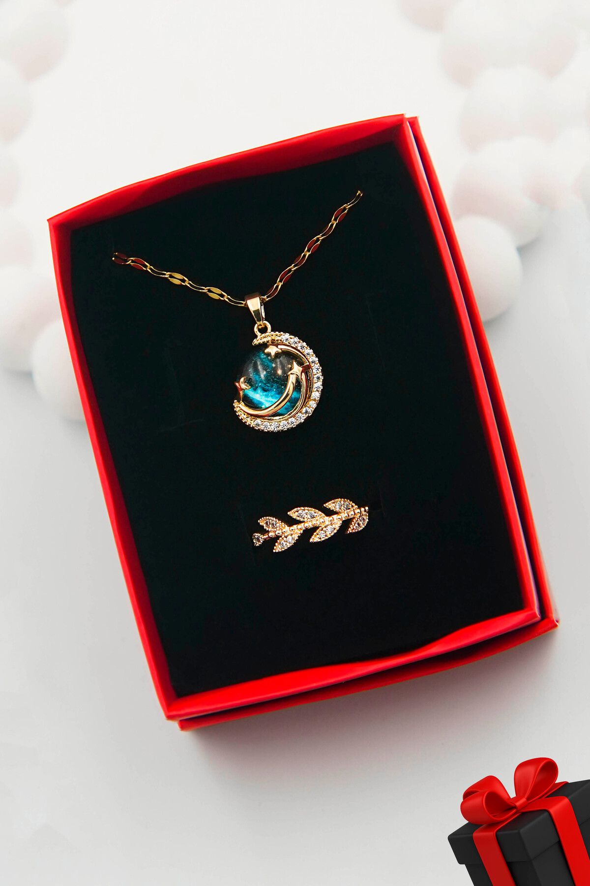 TREND COLLECTİON Kadın Paslanmaz Çelik Gold Zirkon Taşlı Gökyüzü Kolye Ve Taşlı Yüzük Set