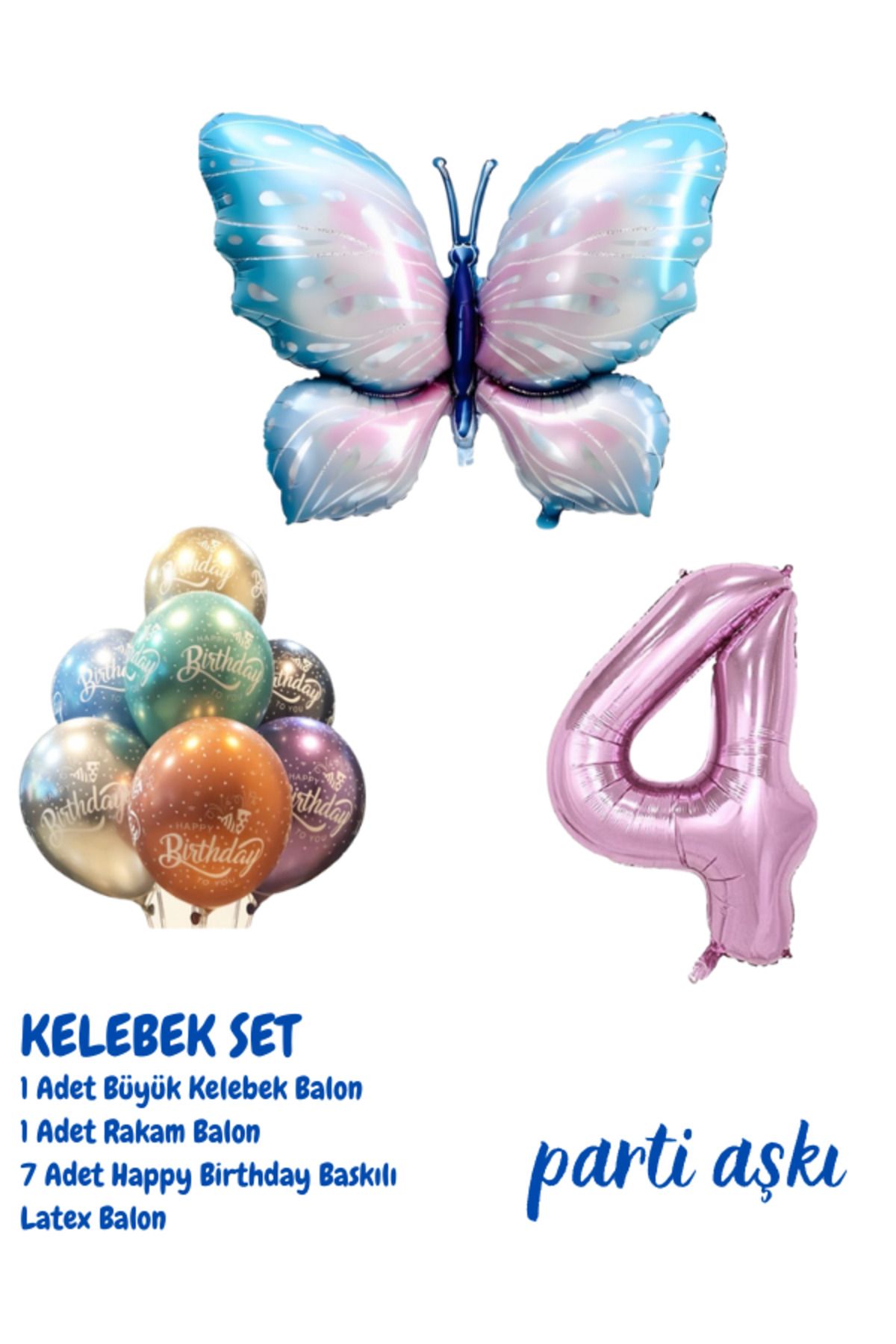 PARTİ AŞKI 4 Yaş Büyük Kelebek 3'lü Balon Seti & Kız Çocuk Bebek Konsept Doğum Günü Parti Balonu