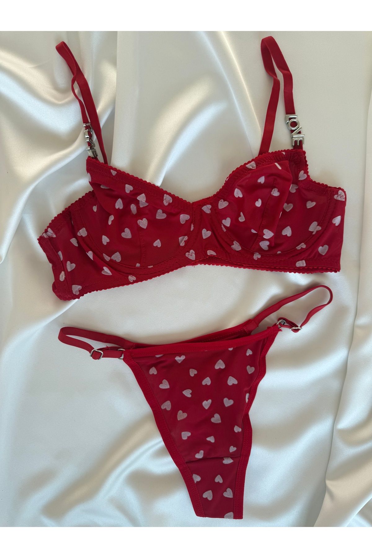 Pijamacs Transparan Detaylı Kırmızı Kalp Desenli Bralet Takım Sütyen Set