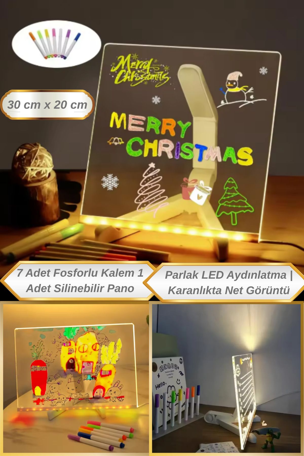 Hane Dostu 7 +1 Parça Led Işıklı | Renkli Fosforlu Kalemli | USB Girişli Yazı Panosu | Not Panosu