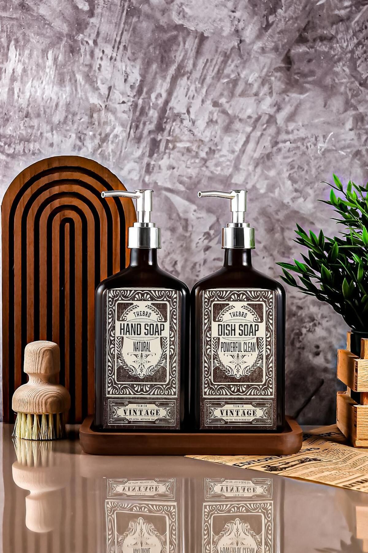 TheBRo 500ML Premium El Sabunu,Bulaşık Deterjanı Stantlı Sabunluk Seti Parlak Metal Pompalı