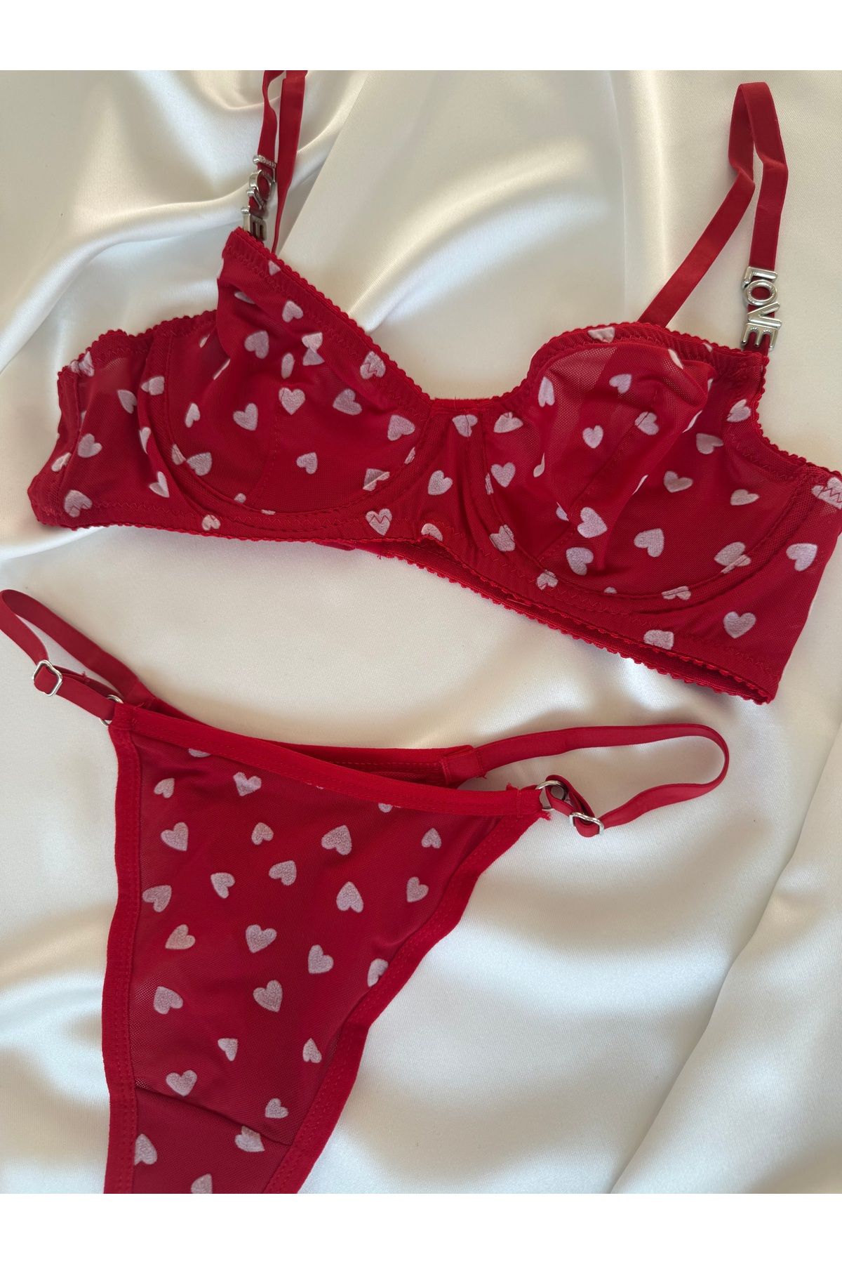 Pijamacs-Transparent Detailed Red Heart Patterned Bralet Set Bra Set 4