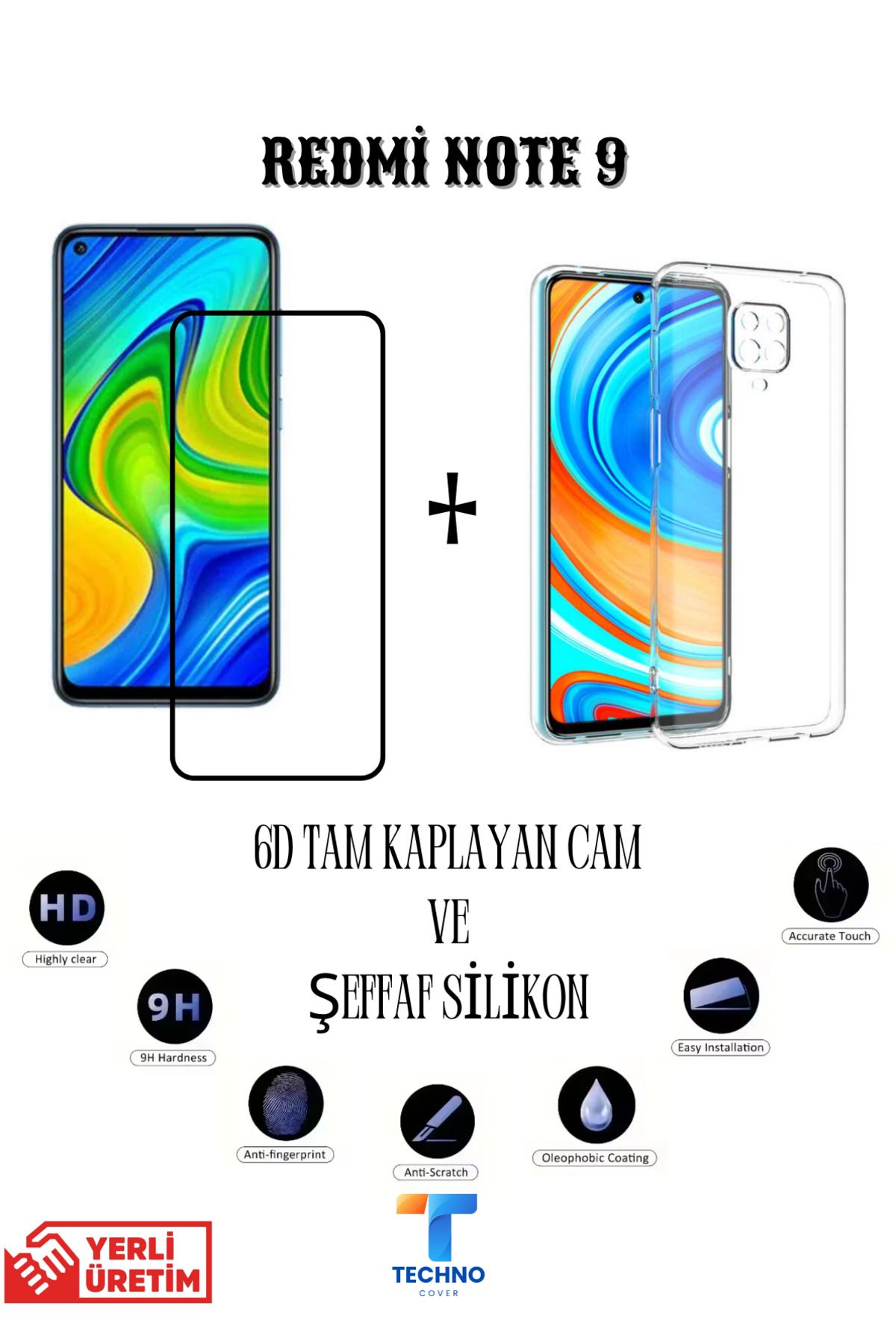 foxpower Redmi Note 9 6D Tam Kaplayan Ekran Koruyucu ve Şeffaf Kılıf 2li Avantajlı Paket