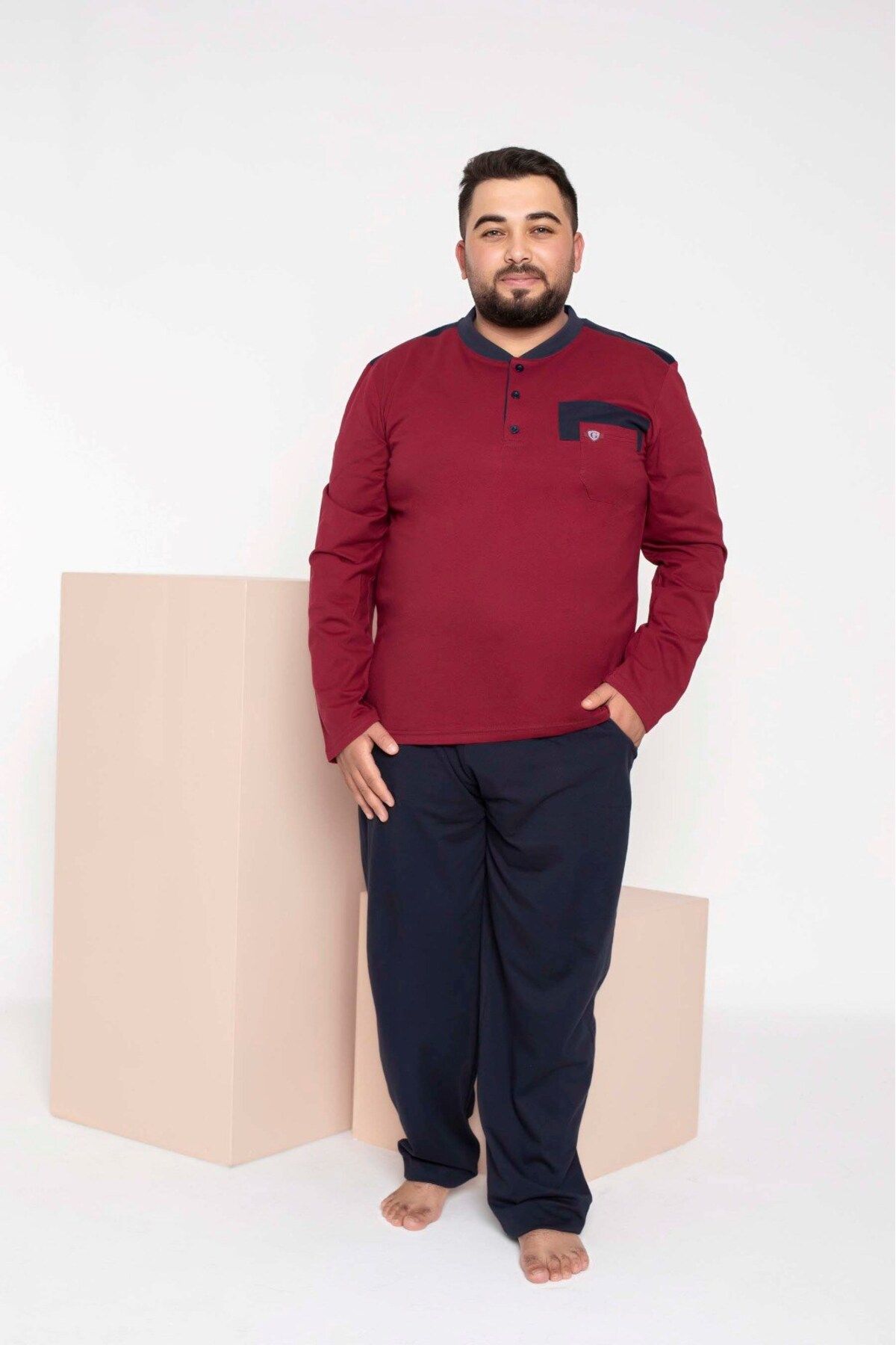 GUAVA+ Erkek Büyük Beden 3 Düğme %100 Pamuk Cepli Mevsimlik Pijama Takımı