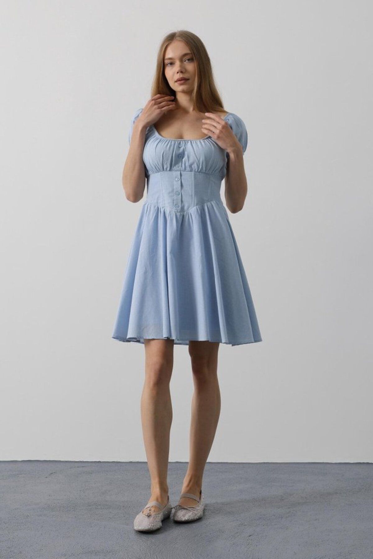 velmorafashion Beli Korseli Mini Elbise - Bebe Mavisi