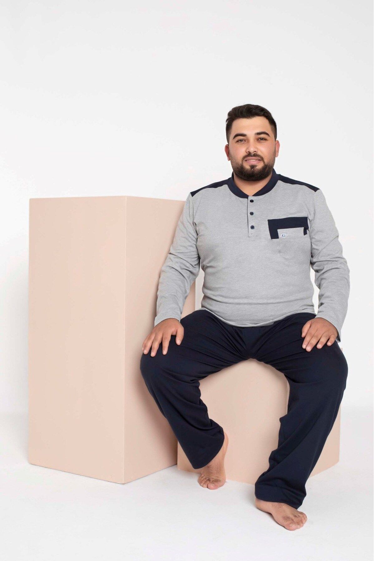 GUAVA+ Erkek Büyük Beden 3 Düğme %100 Pamuk Cepli Mevsimlik Pijama Takımı