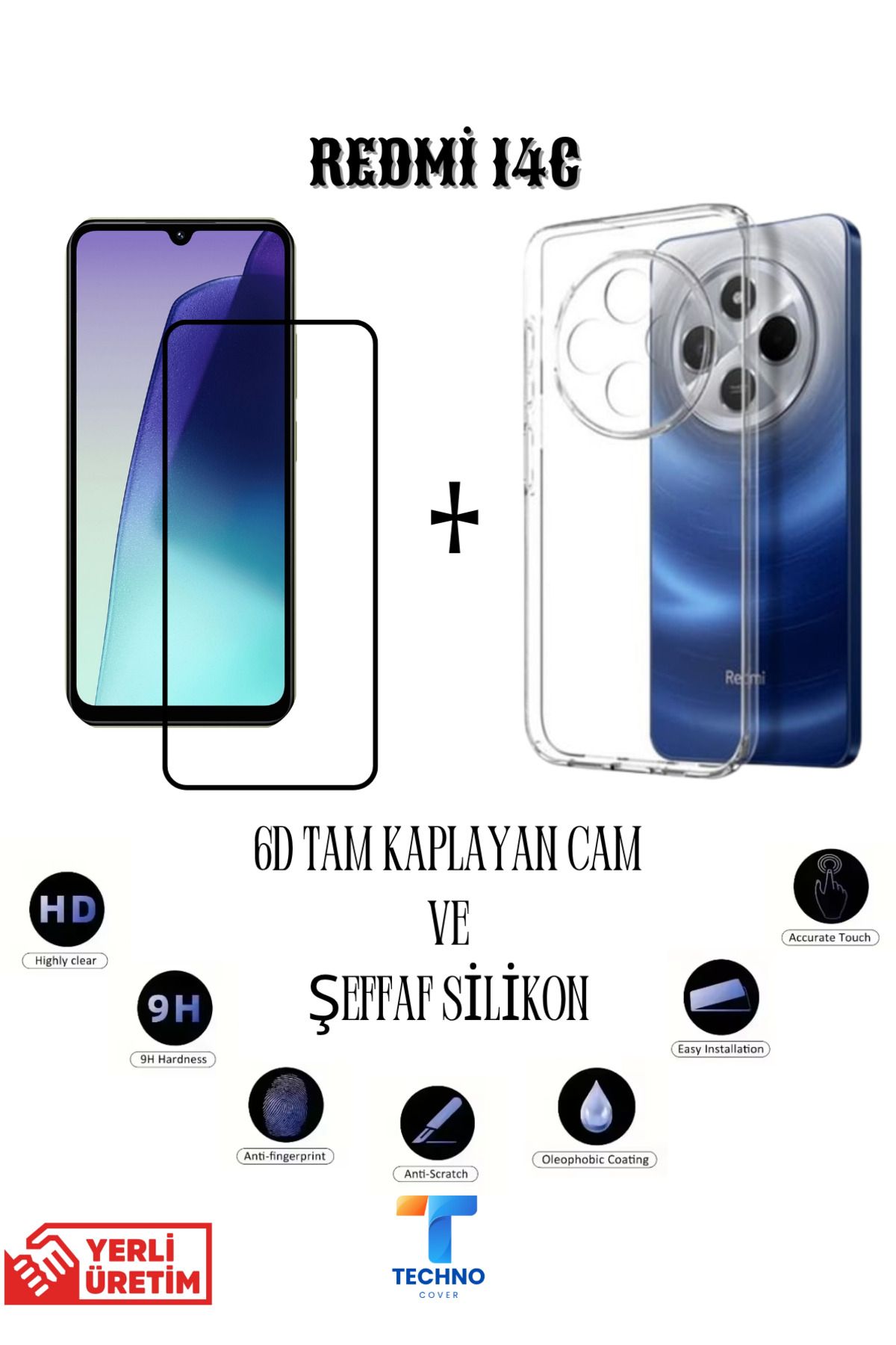 foxpower Redmi 14C 6D Tam Kaplayan Ekran Koruyucu ve Şeffaf Kılıf 2li Avantajlı Paket