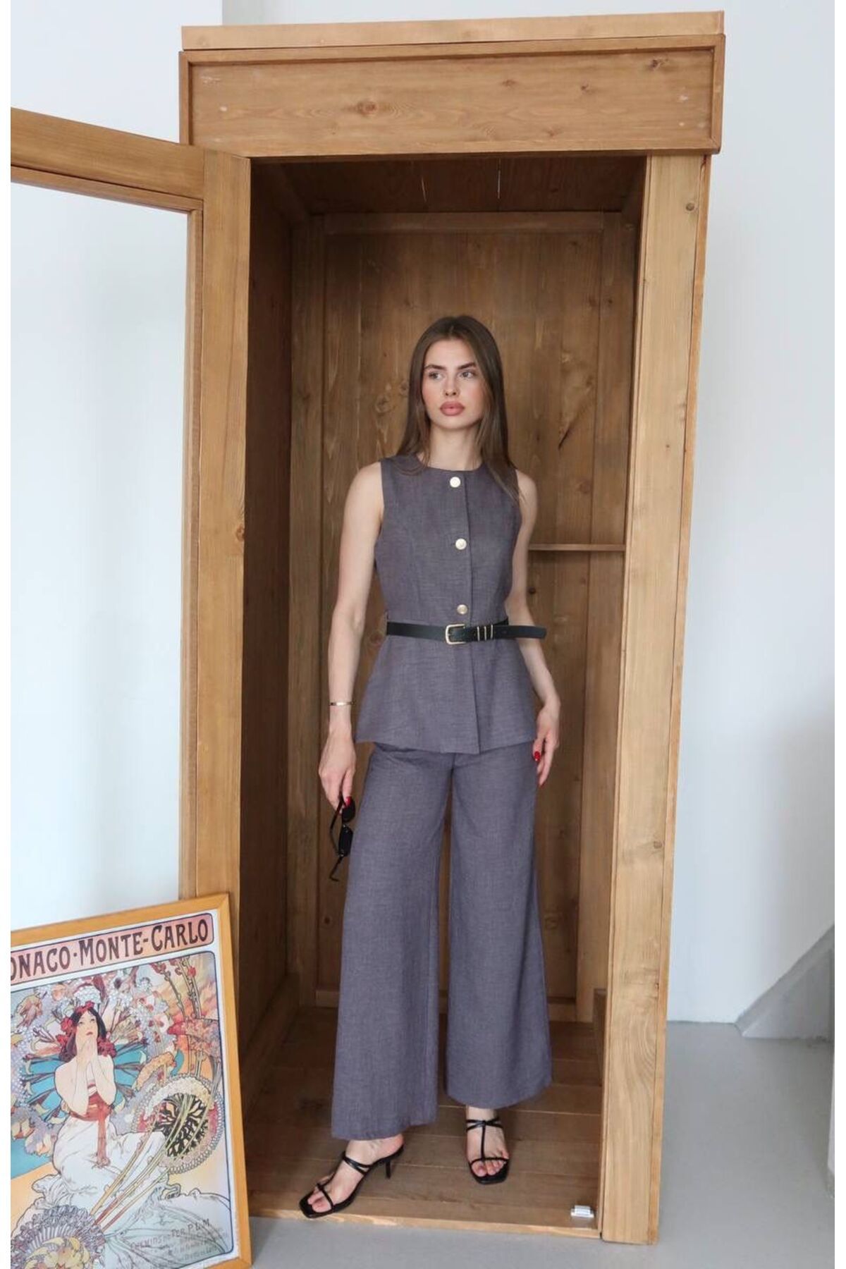 MODA Antrasit Kemerli Keten Yelek Pantalon İkili Takım
